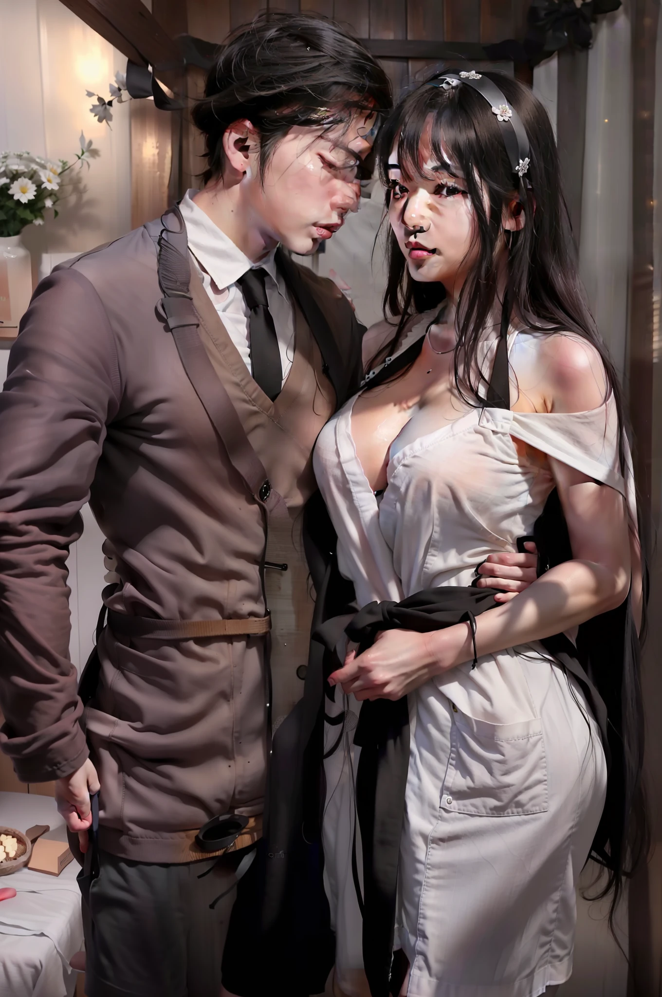couple kissing, beautiful korean woman in an apron, photo of (raw photo:1.2), (photorealistic:1.4), (Kpop idol), korean, beautiful, shiny skin, oil skin, white skin, whiter skin, long hair, full body shot, (((naked apron))), (((shirtless black man in shorts))), (((bedroom))), (((breast nipples)))