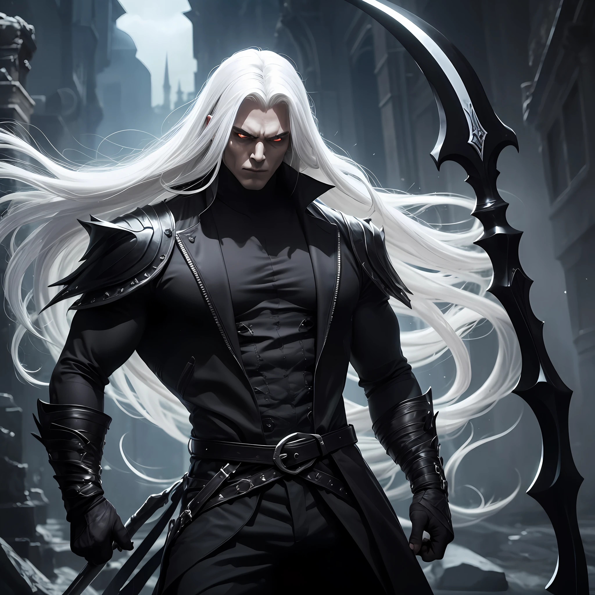 He has long, flowing white hair. His piercing white eyes shine with intensity. Clad in sleek black suitd, he exudes an aura of enigma. Towering with an imposing stature and a chiseled physique, he commands attention and respect. He is a Grimreaper by trade. --auto