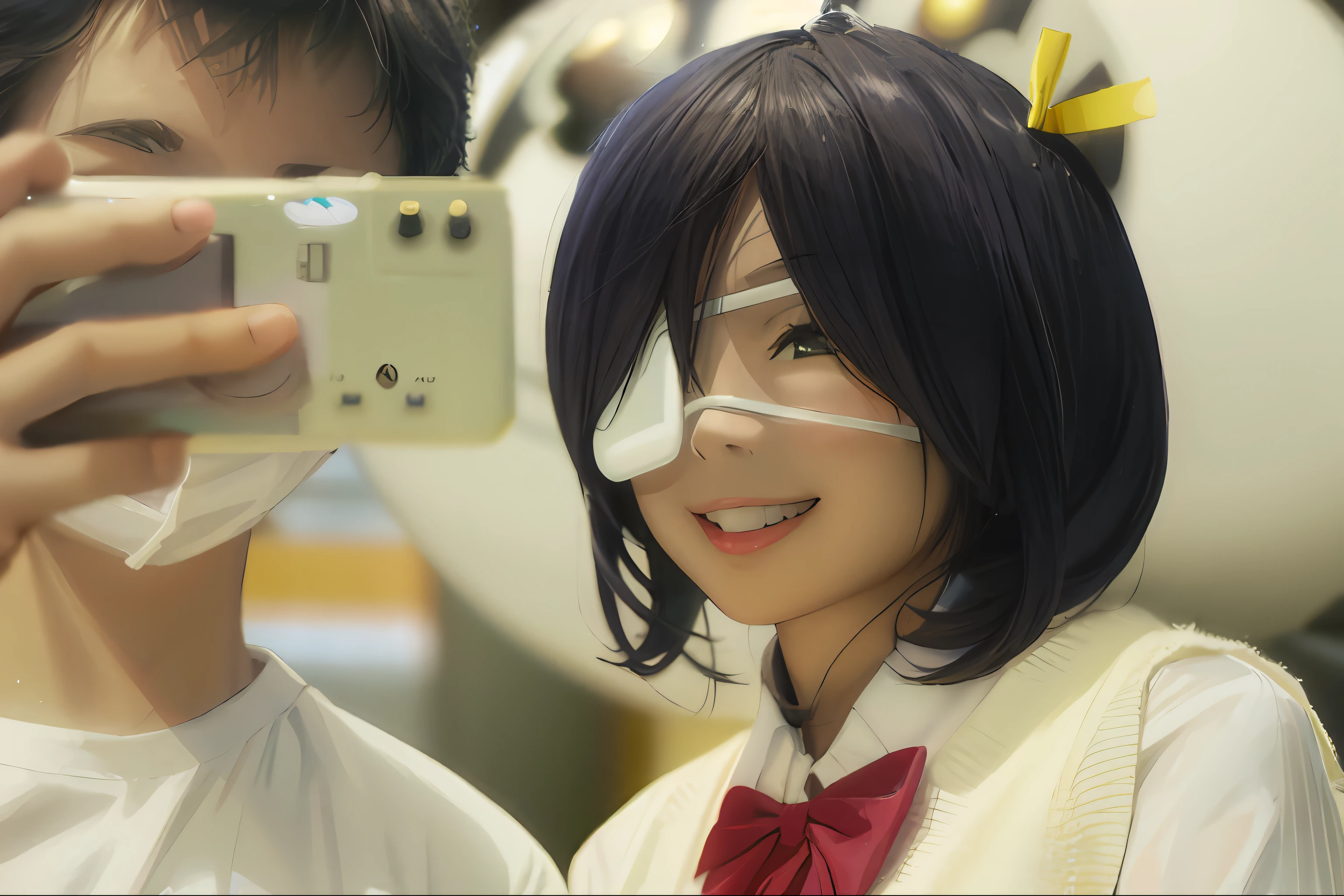 They are taking a selfie of a girl wearing a mask, close up of a young anime girl, rpgmaker, cosplay foto, wearing an eye mask, the robot wearing her human mask, japanese maid cafe, Anime cosplay, Anime girl cosplay, cosplayer dressed like a crab, cosplay, Shot on Canon EOS R 6, taken with canon eos 5 d mark iv, coy smile