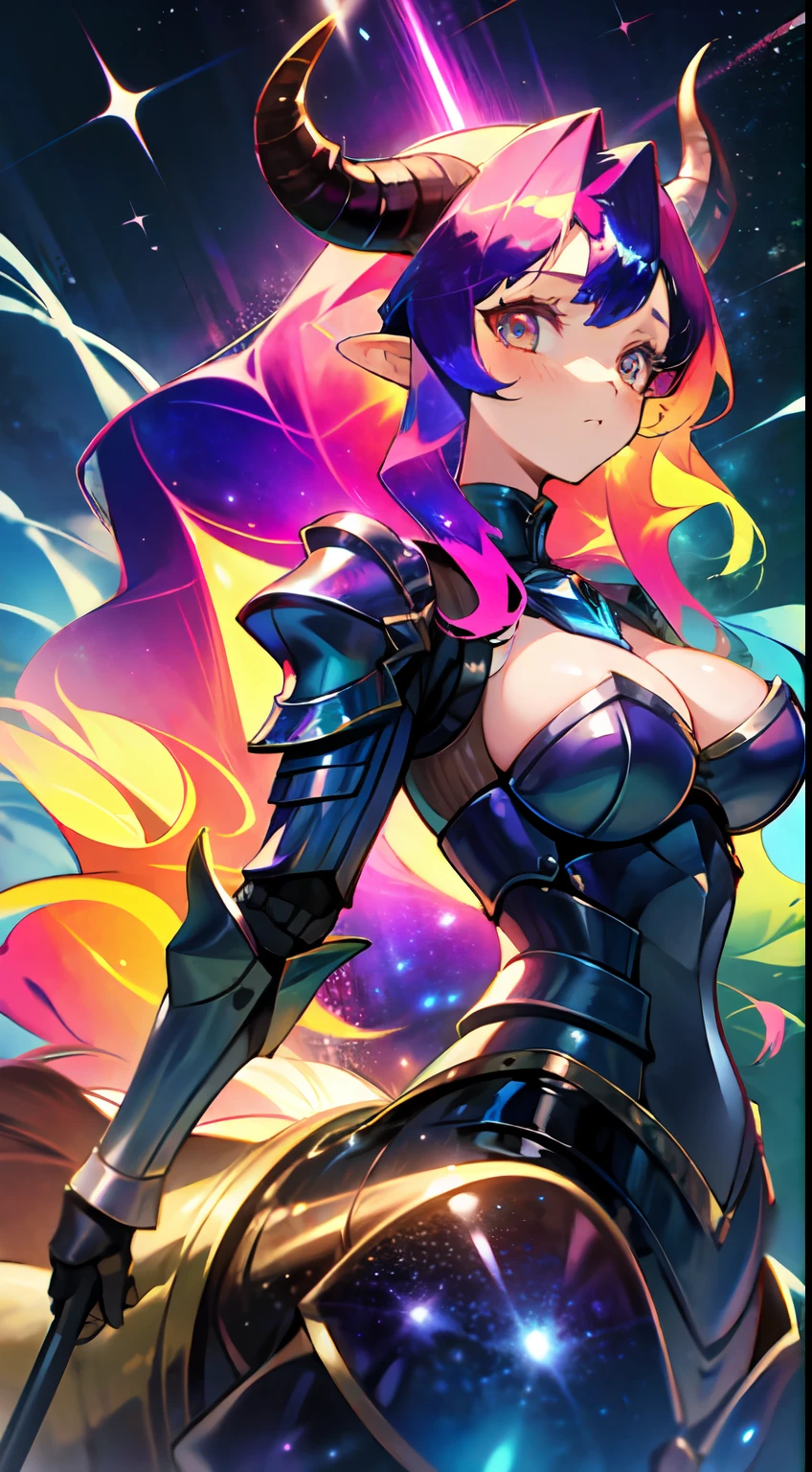 masterpiece, best quality, high-res, expressive hair, BREAK, 1girl, solo, very long hair, wavy hair, galaxy hair, long ears, bright eyes, multicolored eyes, centaur, horse girl, horse lower body woman upper body, large breasts, armour, galaxy armour, big horns, bull horns, BREAK, holding object, spear, looking at viewer, bioluminiscent, wallpaper, starry sky, galaxy, scenery, from below shot, trending on ArtStation, (post-impressionism:1.2), perfect anatomy, silhouette, (constelation:1.4)