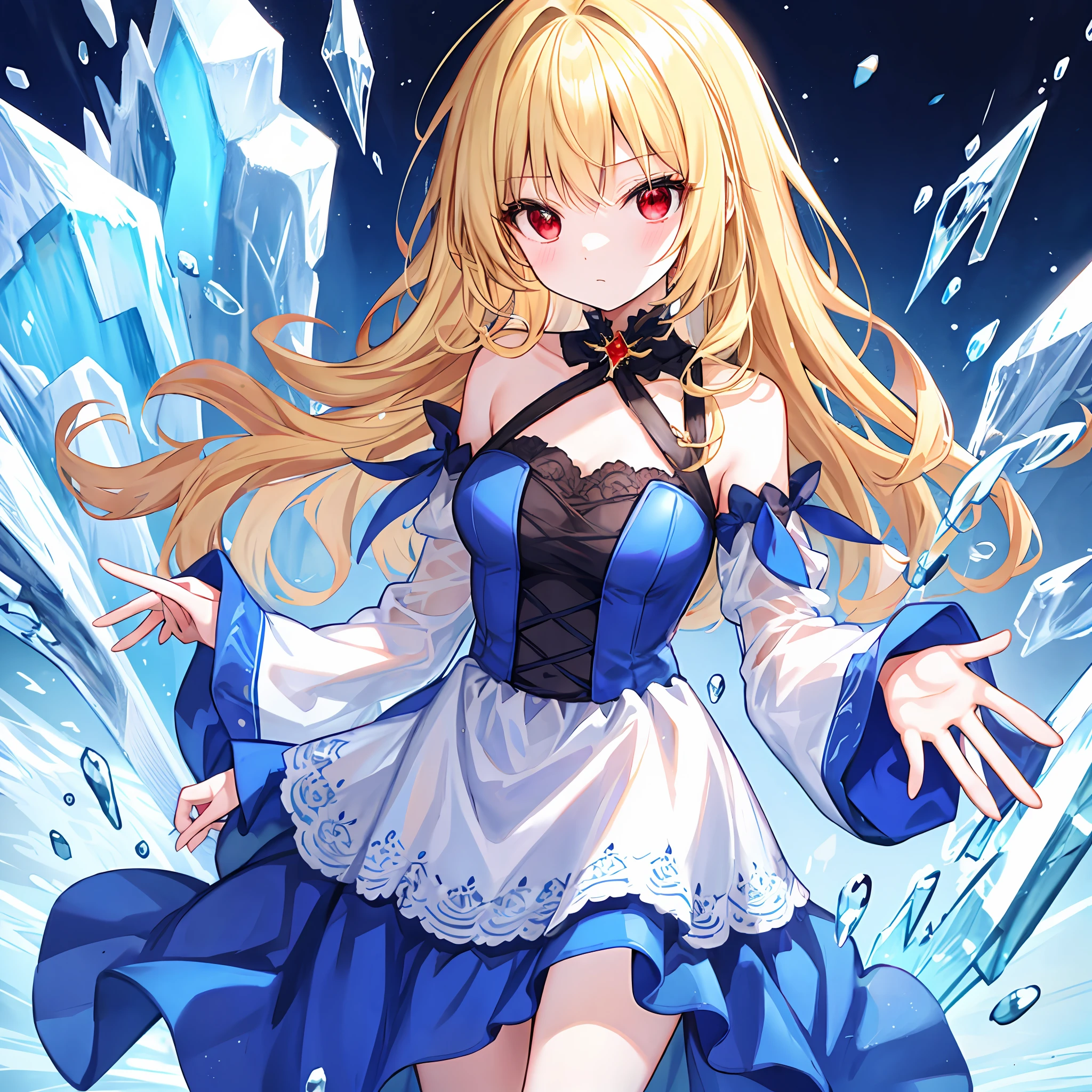 Wavy blonde girl、独奏、red eyes、Blue dress、off shoulders、In the ice