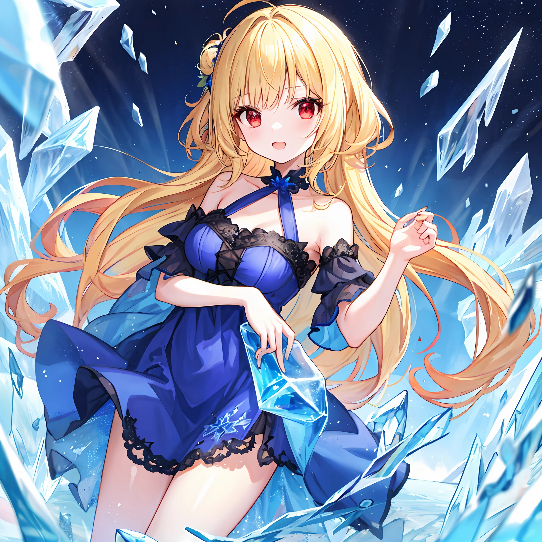 Wavy blonde girl、独奏、red eyes、Blue dress、off shoulders、In the ice