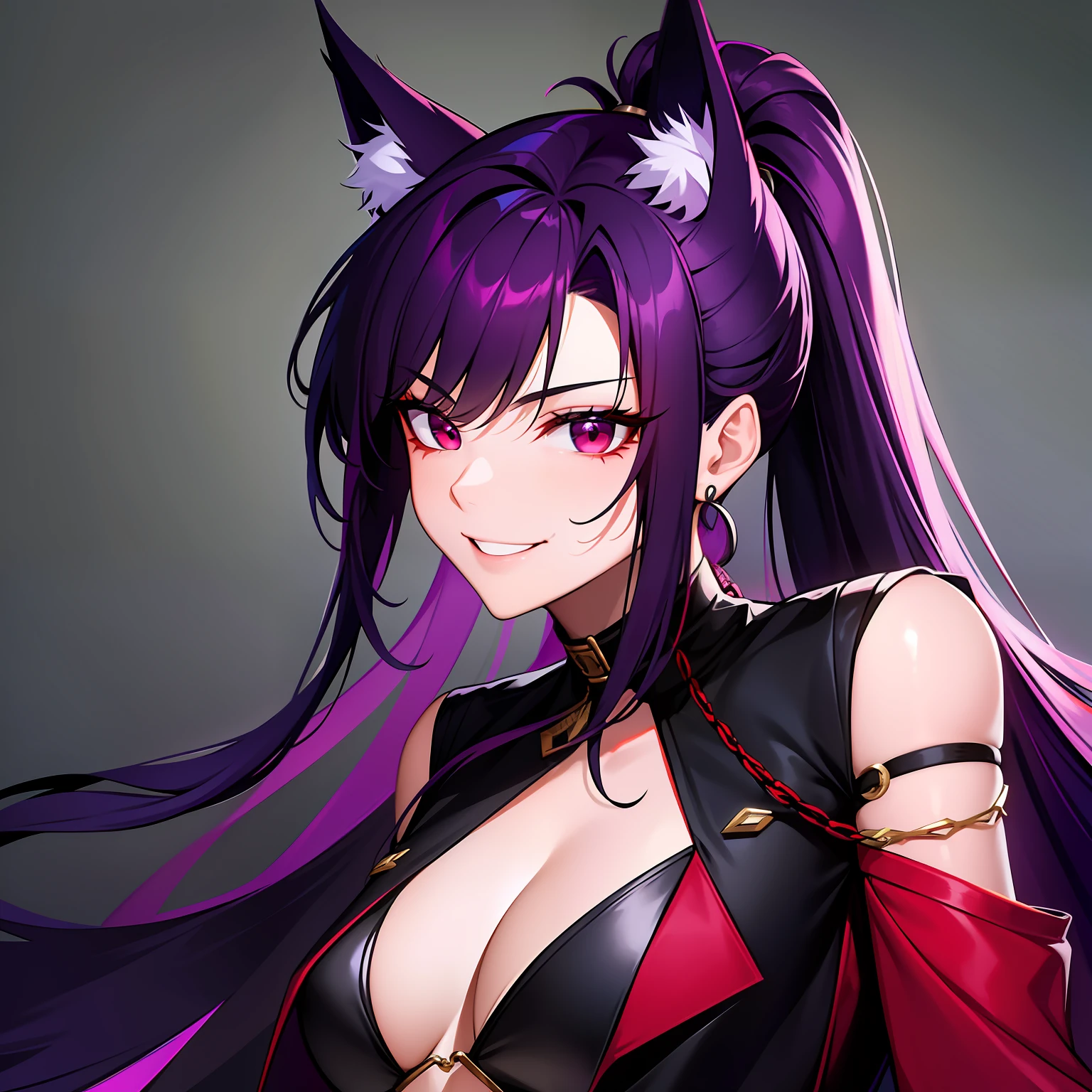 Young guy, pretty facial features, long dark purple hair, half gathered in messy ponytail, half loose, dangerous bright red eyes, black fit clothes with many jewels, fox ears and tail, mad smile