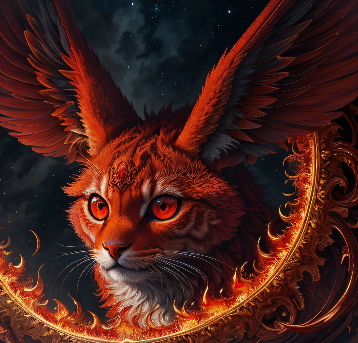 hight resolution, (Lebhaft), Nacht, auf einer Wolke thronend, happy, (ultra quality), Waffe, ((big red eyes)), Extrem detailliert, Independence, Highly detailed, professional majestic oil painting by Ed Blinkey, (8K UHD), Extrem detailliert, Reflexion, von Jean-Baptiste Monge,