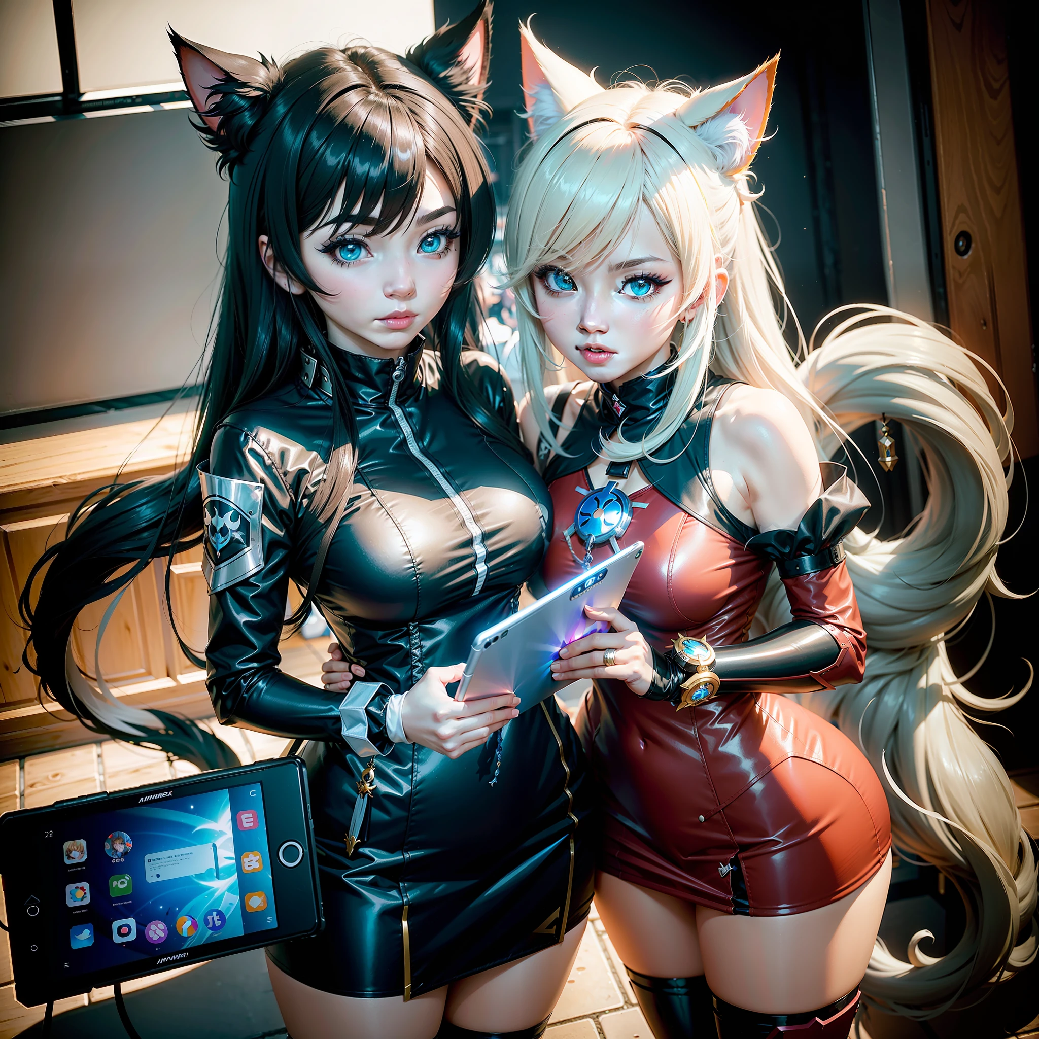 Close-up of a person in a cat costume holding a tablet, Anime cosplay, professional cosplay, anime convention, Anime girl cosplay, rpgmaker, From Arknights, cosplay, hot topic anime convention, ahri from league of legend, echo from overwatch, nixeu and sakimichan, anime-inspired, cosplay foto, Keqing from Genshin Impact