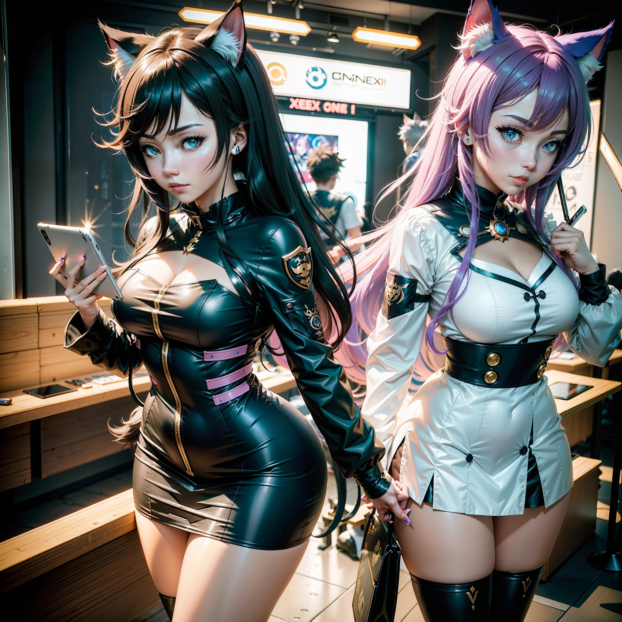 Close-up of a person in a cat costume holding a tablet, Anime cosplay, professional cosplay, anime convention, Anime girl cosplay, rpgmaker, From Arknights, cosplay, hot topic anime convention, ahri from league of legend, echo from overwatch, nixeu and sakimichan, anime-inspired, cosplay foto, Keqing from Genshin Impact