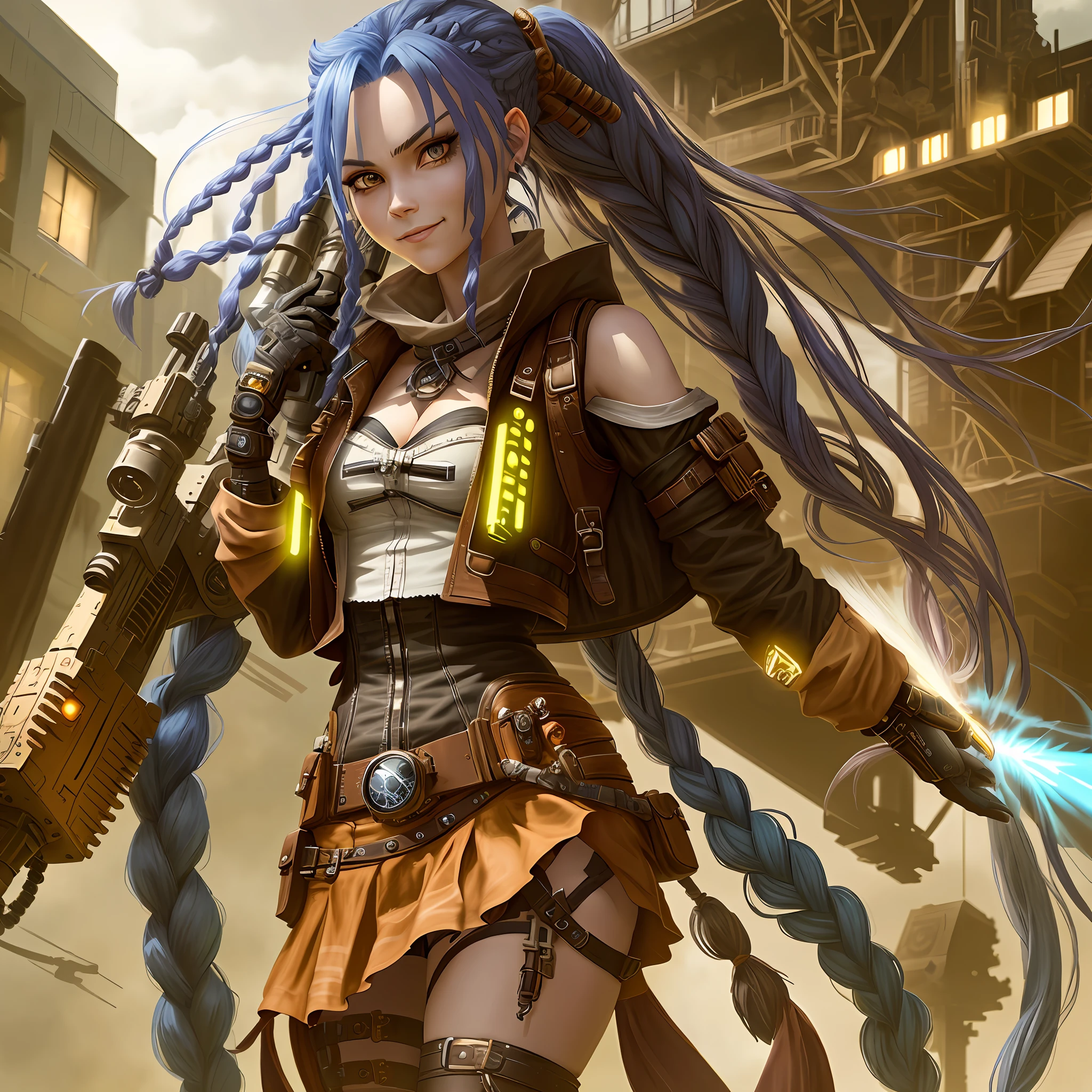 Jinx from arcane, jinx from league of legends, long blue hair in braids, Twin BRAIDS hair, braided hair, minigun, juxtaposition of light& shadow, moody, intense, fierce, cinematic lighting, raking light, long luminous shadows, high quality, smiling while holding a shark shaped rocket launcher, anime style face, perfect body, Steampunk clockpunk --ar 6:9 --s 1000 --c 12 --q 2 --v 5.2