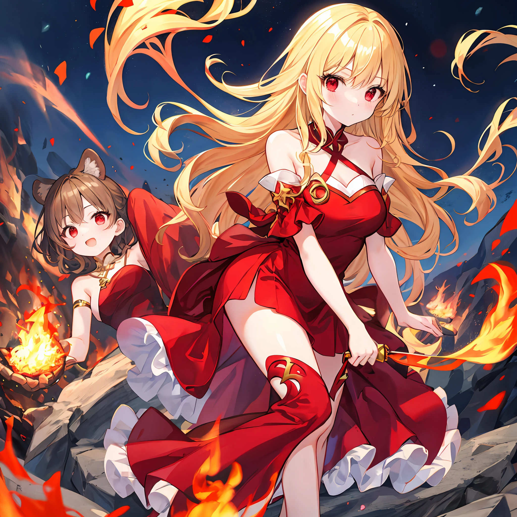 Wavy blonde girl、独奏、red eyes、Red dress、off shoulders、In the fire