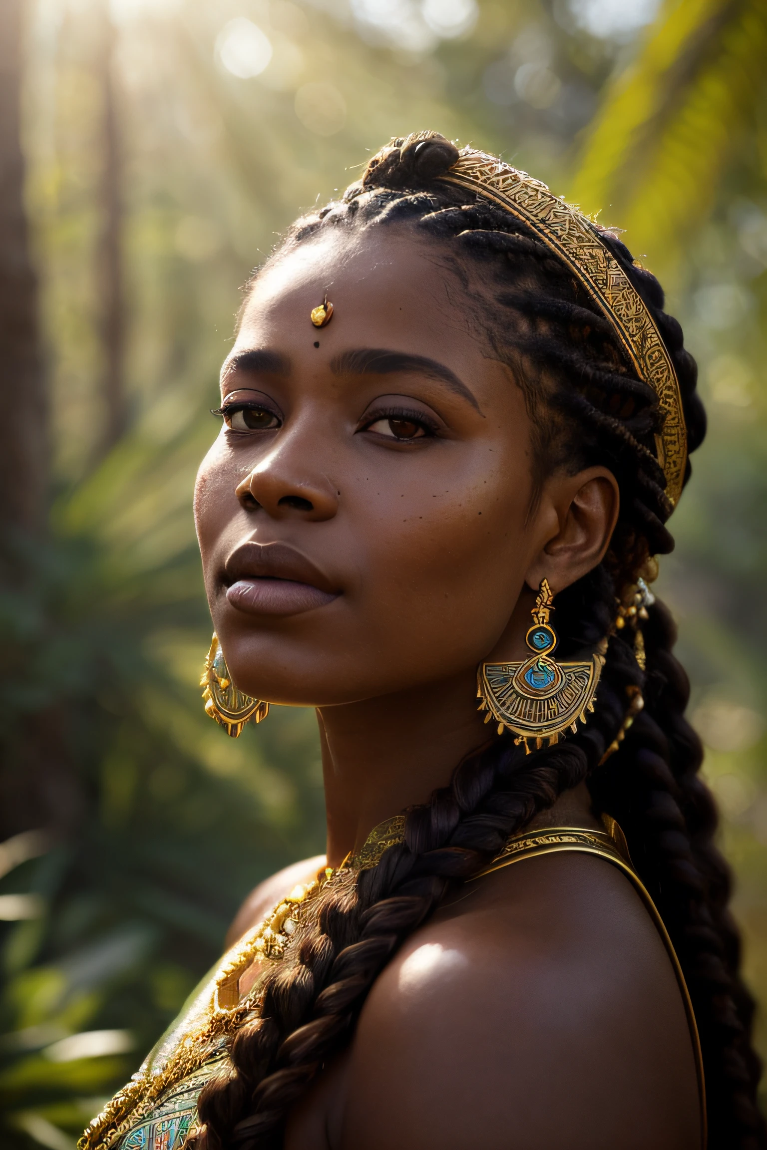 close up portrait of a 24 year-old beautiful malagasy mozambican medieval fantasy queen, plump lips, gorgeous hazel-colored eyes, long hair, dutch braids, elaborate hairdo, serious look, steadfast expression, slim, rich regal traditional fantasy north african regal clothes, filigree jewels, in a fantasy north african palace, (backlighting), realistic, masterpiece, highest quality, lens flare, shade, bloom, [[chromatic aberration]], by Jeremy Lipking, by Antonio J. Manzanedo, digital painting