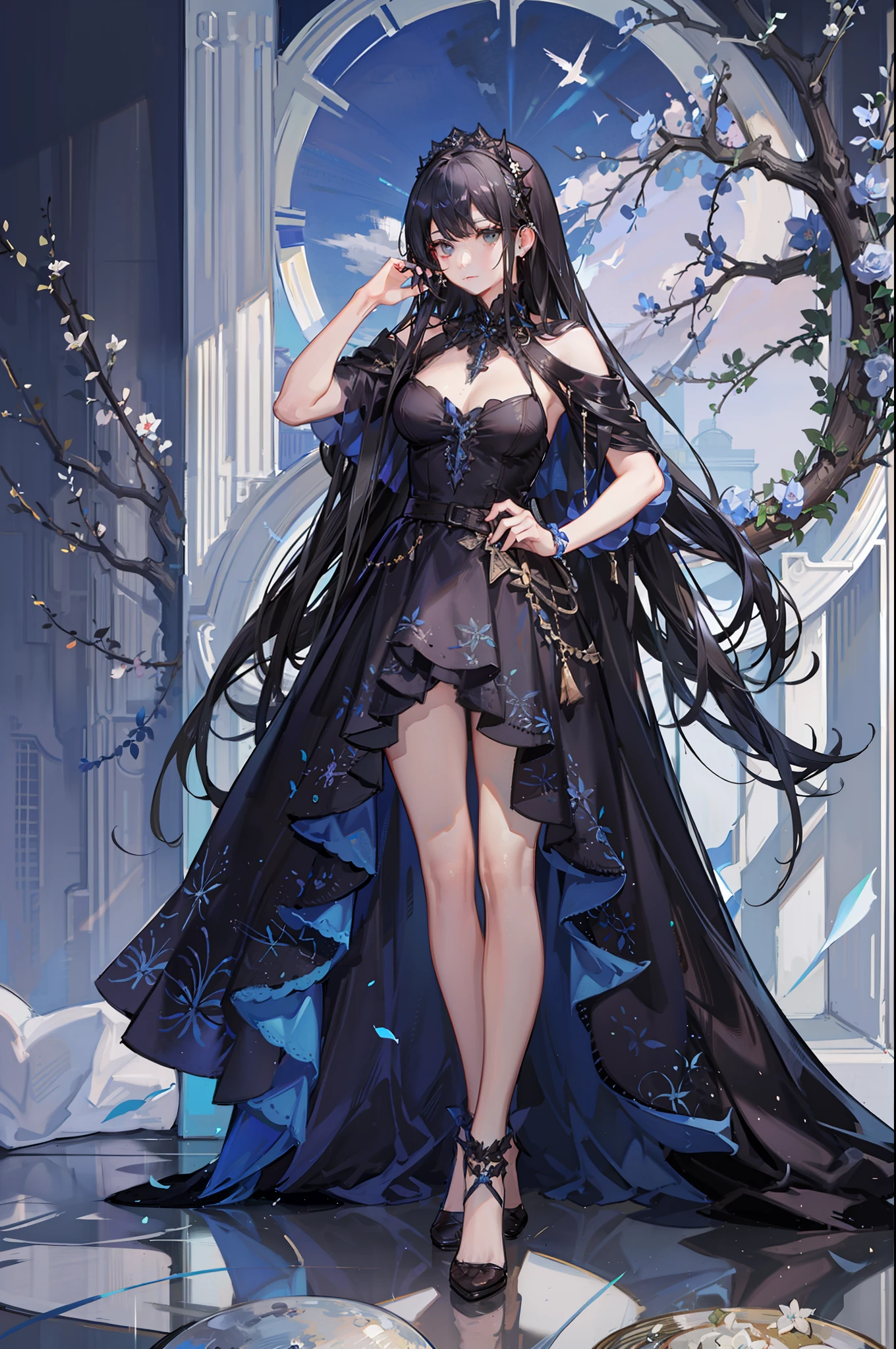 1 girl in、Long black hair、Black eyes、Brilliant eyes、a blue dress、Blue Long Dress、full bodyesbian、put hands on the hip、Standing Picture、(High resolution of the highest quality)、((Masterpiece Highest Quality:1.2)), [[bad face]], [[Fused fingers]], [[multiple limbs]]