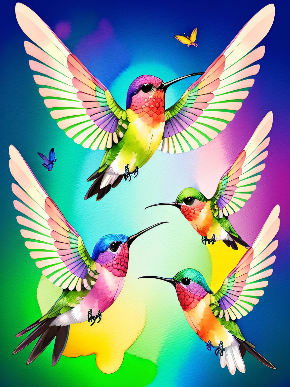 Vector-art of (rainbow-colored hummingbirds in a watercolor style: 1.3). Depict multiple hummingbirds with iridescent feathers in various shades of the rainbow. Use soft and blending watercolor brushstrokes to add a sense of fluidity and movement to the artwork. The hummingbirds can be shown in mid-flight, hovering around colorful flowers or drinking nectar from blossoms. This style should evoke a sense of enchantment and magical beauty, isolated, black background, in the style of 0mib