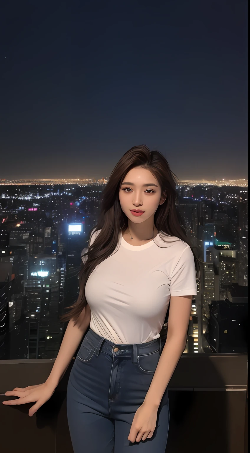 ((Midnight, Best quality, 8k, Masterpiece :1.3)), Whole body, Long legs, Sharp focus :1.2, A pretty woman with perfect figure :1.4, Slender abs :1.1, ((Dark brown hair, Big breasts :1.2)), (White tight tshirt, Jean bib, Standing:1.2), ((Night city view, Rooftop:1.3)), Highly detailed face and skin texture, Detailed eyes, Double eyelid