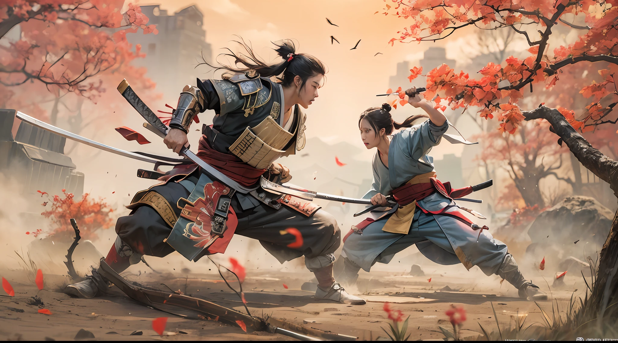 fight of two samurai battling, with several wounds on the body, in a beautiful, stunning environment