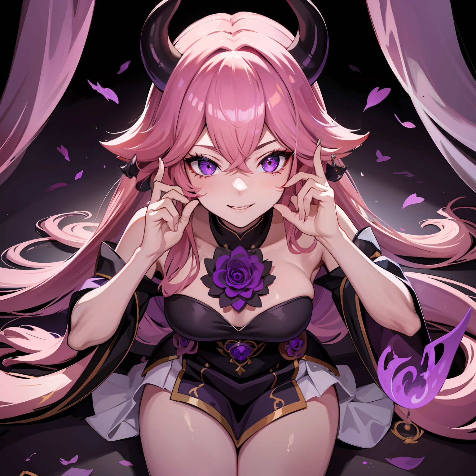 A female milf demon with black demon horn, ((demon horn)), cabelo de rapunzel cor-de-rosa extremamente longo, ((Cabelo de rapunzel cor-de-rosa)), White eyes of the demon, ((olhos brancos)), corpo volumoso com seios e busto enormes, ((seio e busto enormes)), roupa preta, Purple mist with purple energy particles and floor with red liquid, olhar perverso e vazio, sem brilho nos olhos, com um perverso, smile looking at the viewer in panoramic view;, Moda realista, sysie high definition details, fotografia, perspicacity, unique 850 4, Koda850 k portrait camera, Primavera F1.6, cores ricas, Textura super realista, textura de luz espetacular, arte surreal, Cinestil 800 mecanismo de moda
