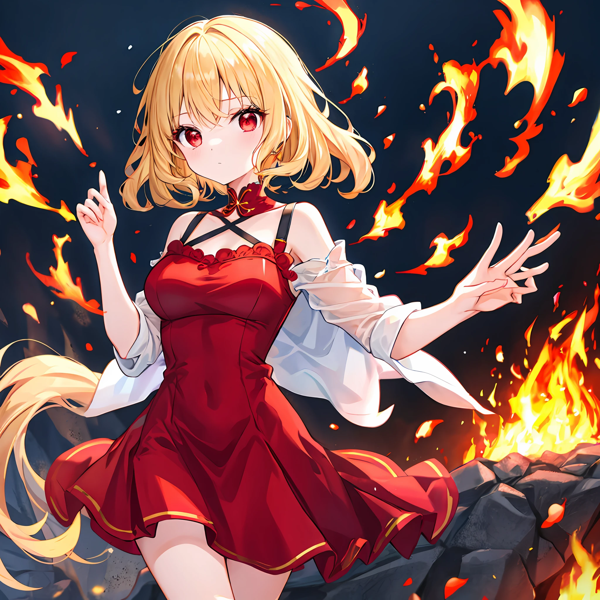 Wavy blonde girl、独奏、red eyes、Red dress、off shoulders、In the fire、fire flame