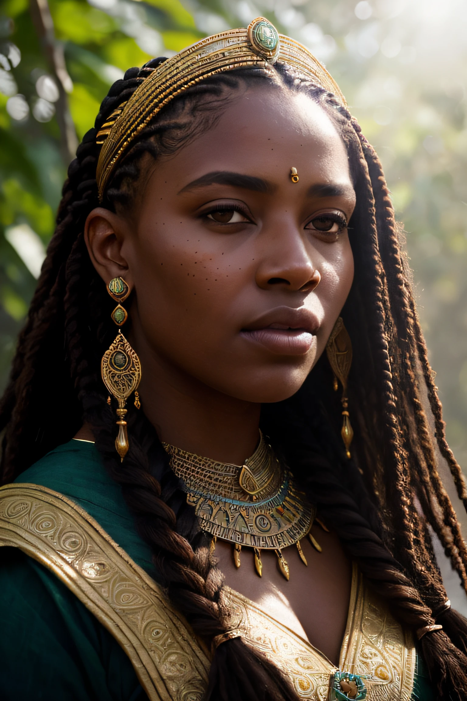 close up portrait of a 24 year-old beautiful malagasy mozambican medieval fantasy queen, plump lips, gorgeous hazel-colored eyes, long hair, dutch braids, elaborate hairdo, serious look, steadfast expression, slim, rich regal traditional fantasy north african regal clothes, filigree jewels, in a fantasy north african palace, (backlighting), realistic, masterpiece, highest quality, lens flare, shade, bloom, [[chromatic aberration]], by Jeremy Lipking, by Antonio J. Manzanedo, digital painting