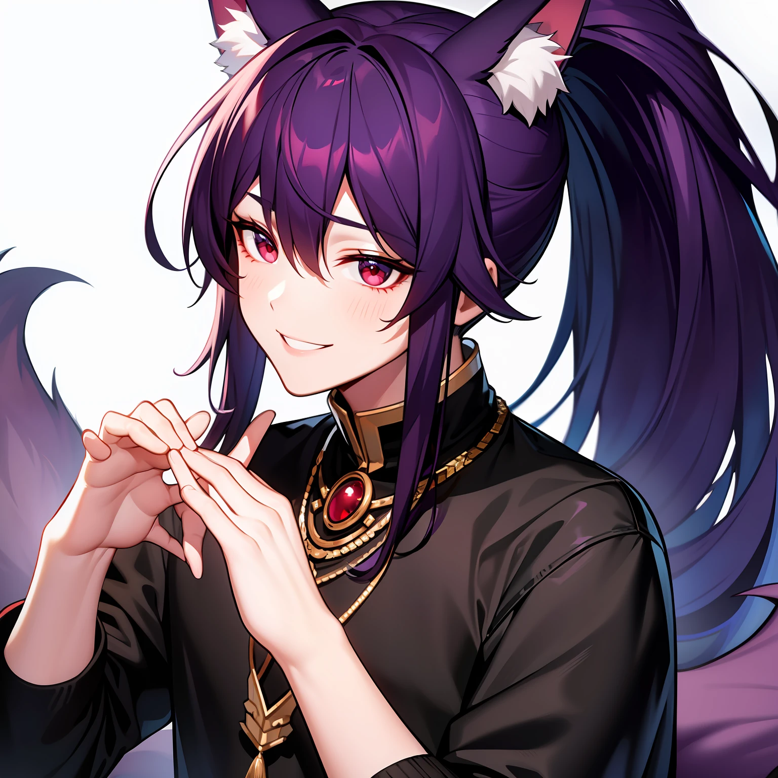 Young guy, pretty facial features, long dark purple hair, half gathered in messy ponytail, half loose, dangerous bright red eyes, black fit clothes with many jewels, fox ears and tail, mad smile