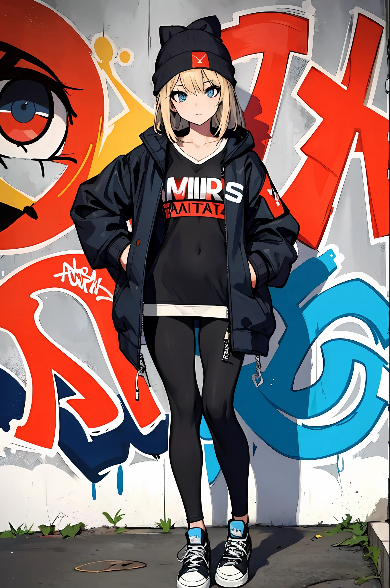 (masterpiece:1.2, best quality), (graffiti wall:1.2), 1lady, beanie, jacket, Leggings, blue eyes, fullbody,