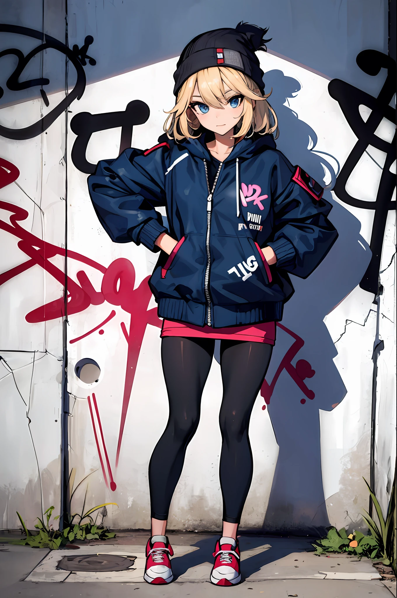 (masterpiece:1.2, best quality), (graffiti wall:1.2), 1lady, beanie, jacket, Leggings, blue eyes, fullbody,