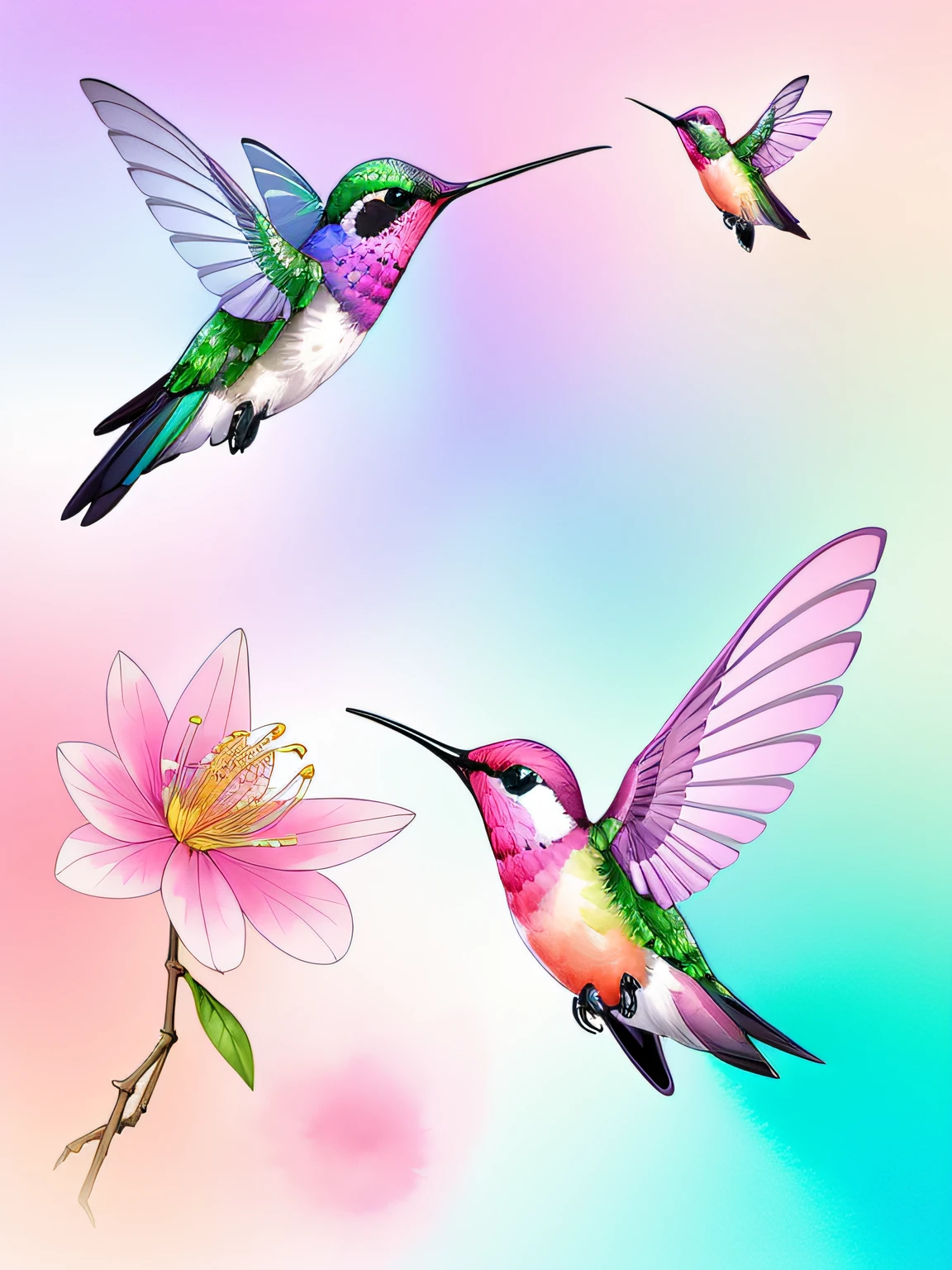 Vector-art of (hummingbirds in a soft and pastel watercolor style: 1.3). Depict the hummingbirds with gentle and delicate brushstrokes, using soft pastel colors to create a dreamy and ethereal atmosphere. The hummingbirds can be portrayed resting on a branch or flower, with their wings gracefully spread. Add subtle hints of rainbow hues in their feathers to create a harmonious and soothing color palette. This style should evoke a sense of tranquility and serenity, isolated, black background, in the style of 0mib