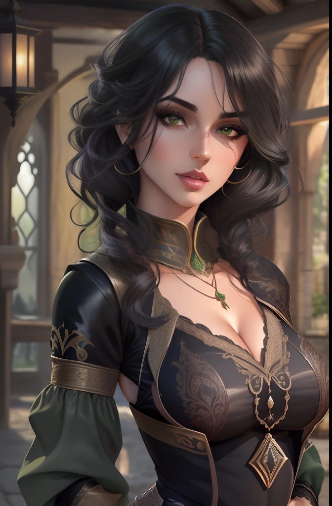 Mulher de cabelo curto e preto, olhos verdes, mid chest, sexy, curvas apontadas, Corpo sensual, roupa da pano, medieval setting, imagem HD, Imagem limpa, Imagem 4k, alta resolução, obra prima, manga art