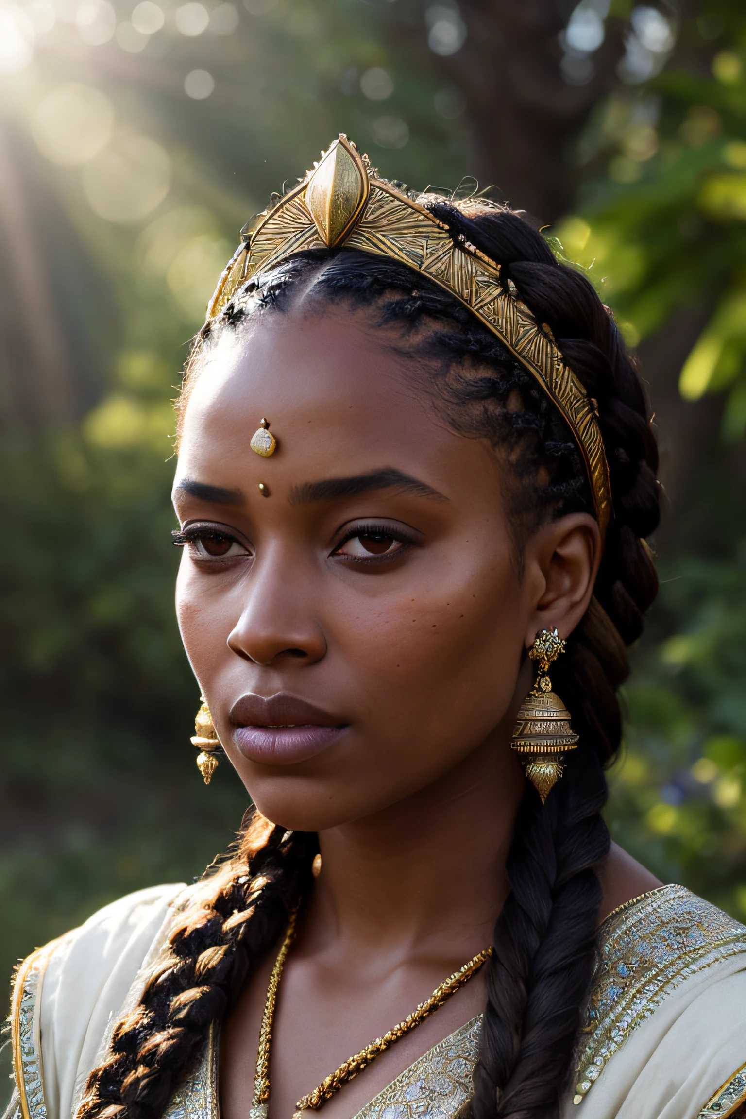close up portrait of a 22 year-old beautiful malagasy Semang dark-skinned medieval fantasy queen, plump lips, gorgeous hazel-colored eyes, long hair, dutch braids, elaborate hairdo, serious look, steadfast expression, slim, rich regal traditional fantasy north african regal clothes, filigree jewels, in a fantasy north african palace, (backlighting), realistic, masterpiece, highest quality, lens flare, shade, bloom, [[chromatic aberration]], by Jeremy Lipking, by Antonio J. Manzanedo, digital painting