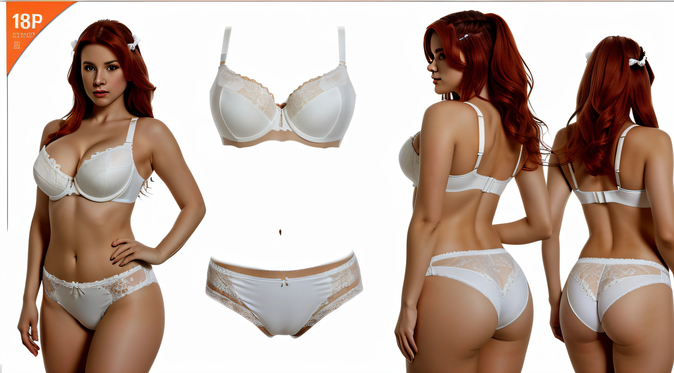 ((masterpiece, best quality)), detailed, character sheet, many items (the same person, various panties, various bras, similar hairstyles, many parts), Curvy red-haired Latina in white bra and white high cut cotton panties, realistic art style, full of details