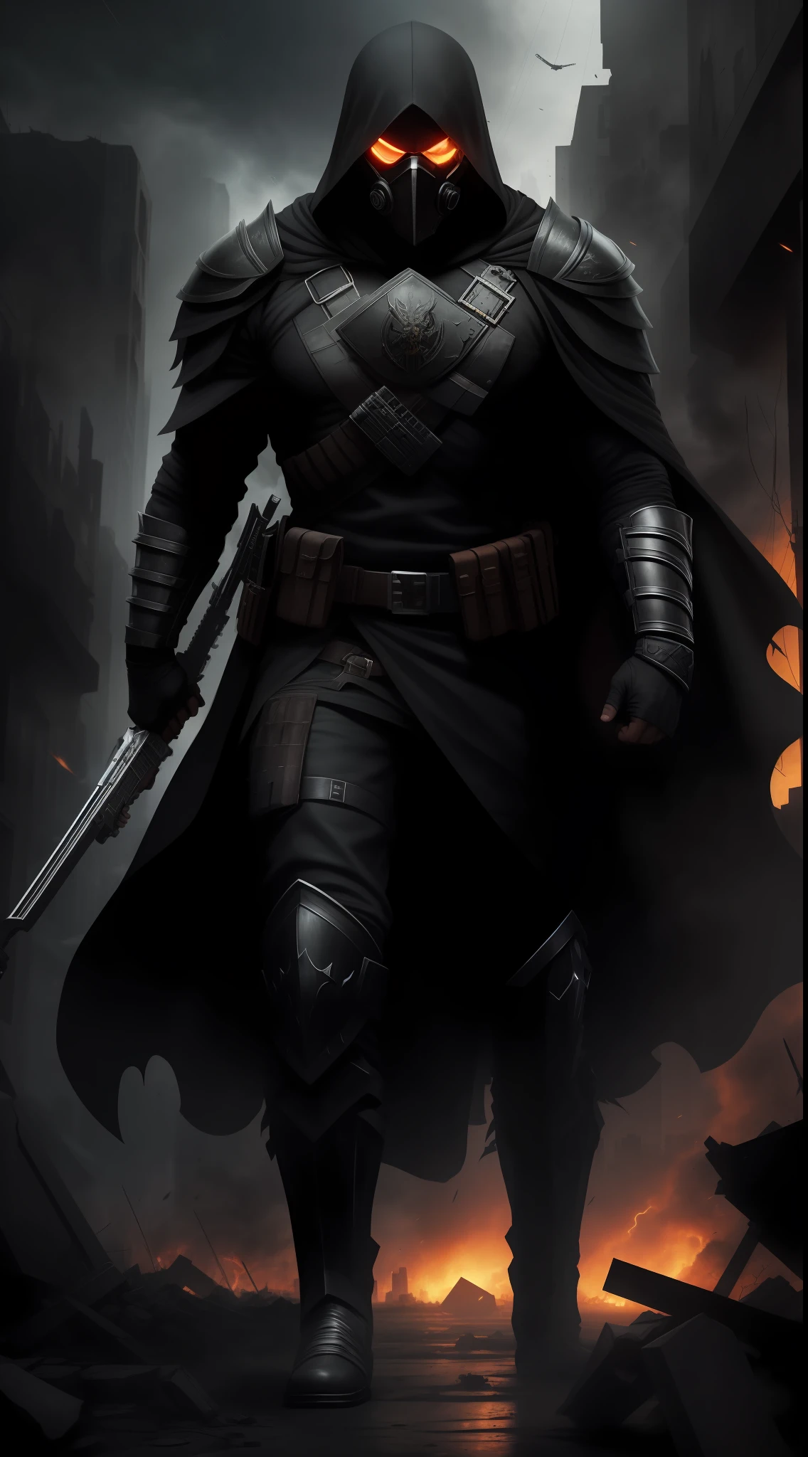 Create an epic action scene in the apocalyptic city of Apocalypse, where the mysterious warrior known as Blackn is at the center of the chaos. He's in the dark, rua deserta, with wreckage and crumbling buildings around you. The sky is illuminated by a combination of lightning and lightning, creating an intense and dramatic atmosphere.

Blackn is depicted in his characteristic appearance: vestindo seu traje de Guerreiro Negro com detalhes em amarelo, the gas mask that hides his face and the bright white eyes that emanate mystery. He holds his pistols in both hands, ready to face any threat.

Ao fundo, There is a cruel and oppressive faction, with their malevolent soldiers and war machines, Advancing towards the city. No entanto, Blackn remains unperturbed, demonstrating your courage and determination as you brave the storm of dangers that surrounds you.

The image should convey the intensity of the situation and Blackn's unwavering determination to protect the innocent and confront the evil plaguing the city. Usar escuro, contrasting colors to enhance the apocalyptic atmosphere, plus vivid details to highlight the character and his actions.
