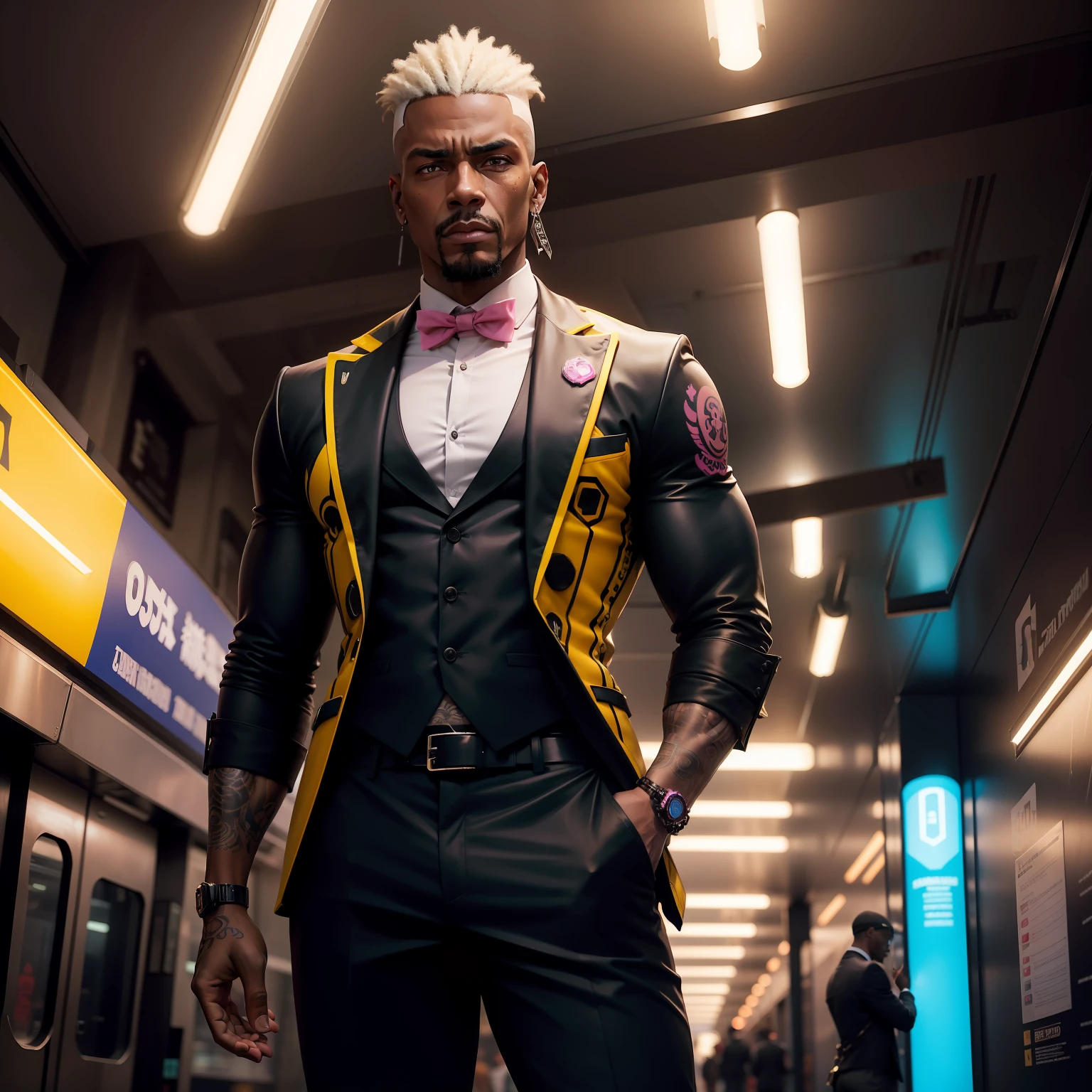gostaria de uma imagem estilo cyberpunk em 4k de um homem de mais ou menos 50 anos ,portanto,portanto,africano, forte, musculoso,Bodybillder,muito forte de pele negra ,com cabelo punk estilo anos 80 na cor amarelo e cinza escuro,muito eLegante,, futurista e estiloso neon , com uma tatuagem super colorida e com neon ,Toattoo, facing a metro station on the platform , with station lights failing in a dimly lit environment, standing dressed in a dark yellow suit with a pink bow tie