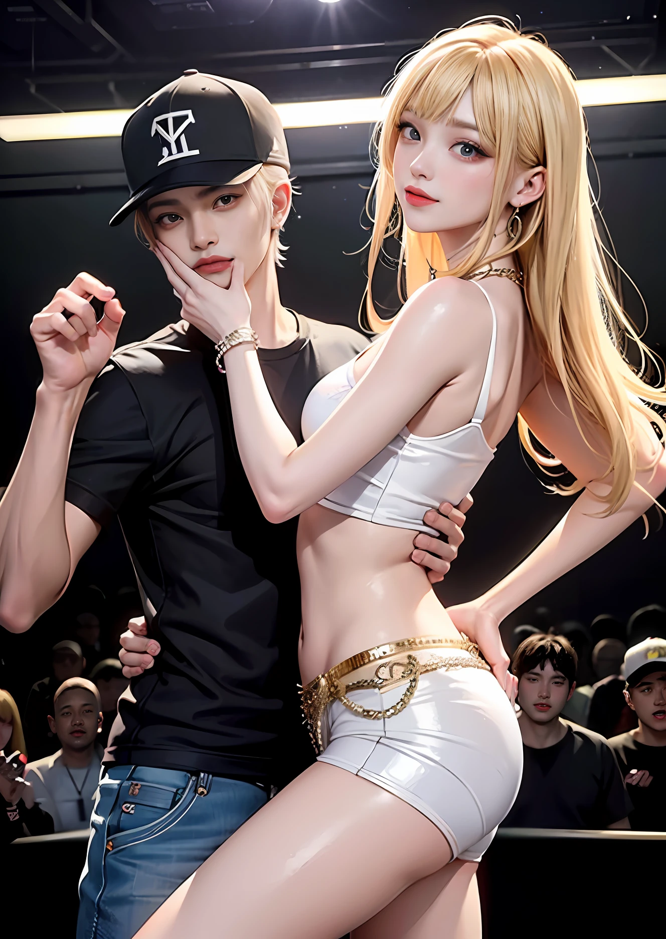 Masterpiece, top quality, 18 yo boy and  girl, couples, young kpop idol, fashionabld casual and colorful  hiphop costume, blond hair, tall muscles, handsome and delicate eyes, intricate details, clubbing, club, smile, dancing with hiphop, kpop idol, aesthetic, rhythmic, actively dancing, ((various dancing posture))