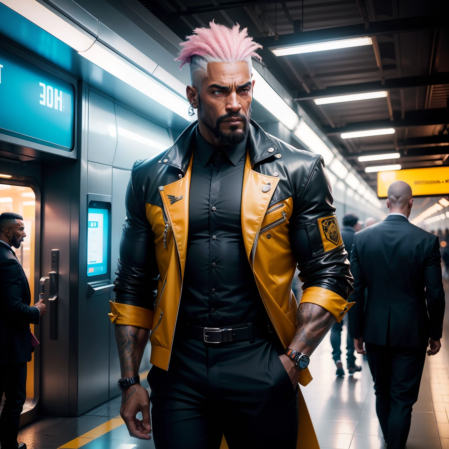 gostaria de uma imagem estilo cyberpunk em 4k de um homem de mais ou menos 50 anos ,portanto,portanto,africano, forte, musculoso,Bodybillder,muito forte de pele negra ,barba grande,barba, Estiloso Barbon,com cabelo punk estilo anos 80 na cor amarelo e cinza escuro,muito eLegante,, futurista e estiloso neon , com uma tatuagem super colorida e com neon ,Toattoo, facing a metro station on the platform , with station lights failing in a dimly lit environment, standing dressed in a dark yellow suit with a pink bow tie and baggy shirt.