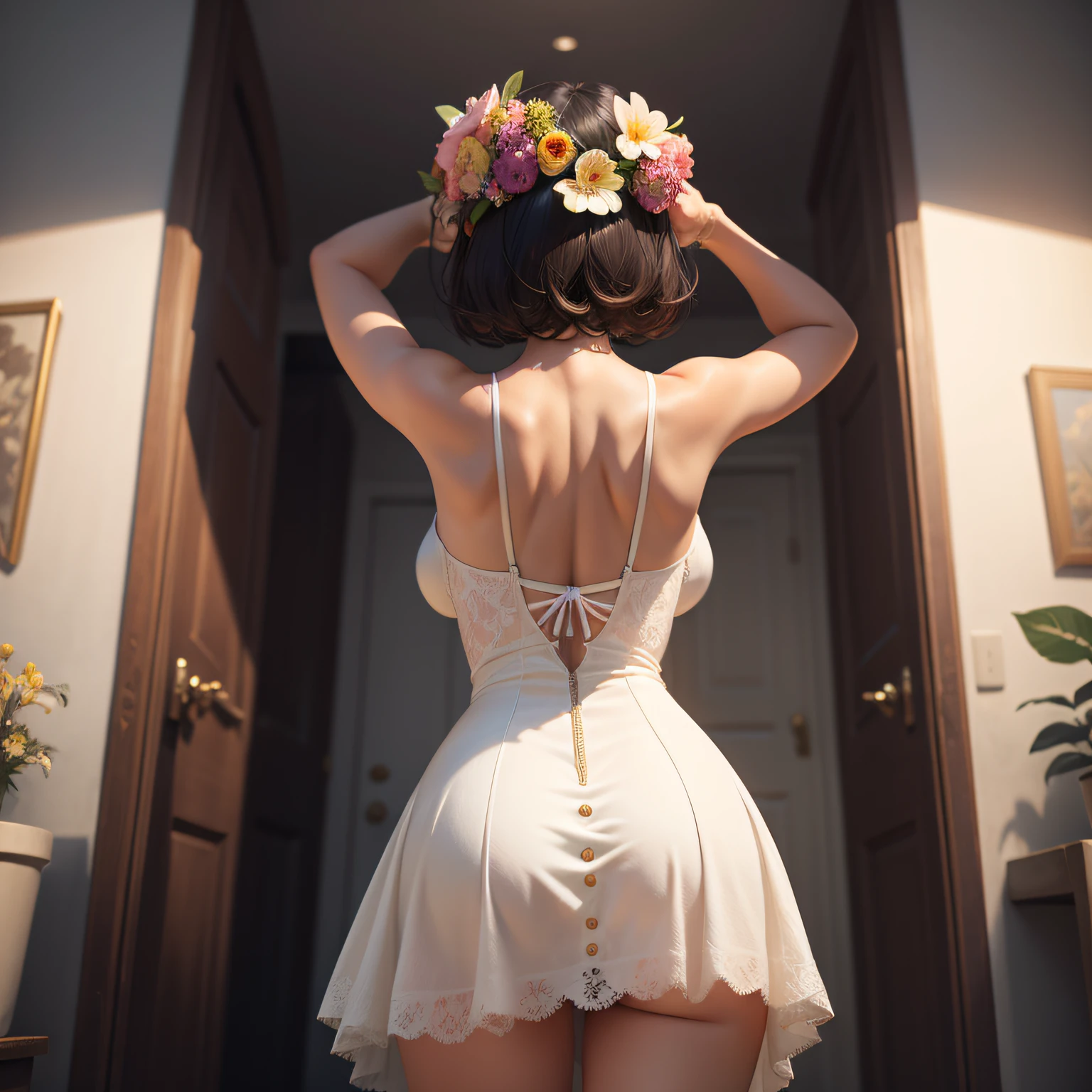 back view, fixing my hair pose, short black hair, flower on the head, wearing dress, room background, Realistic, beautiful, natural, 8k, illustrator, masterpiece, high quality, 8k, high resolution, high detailed, high detailed body, hole body