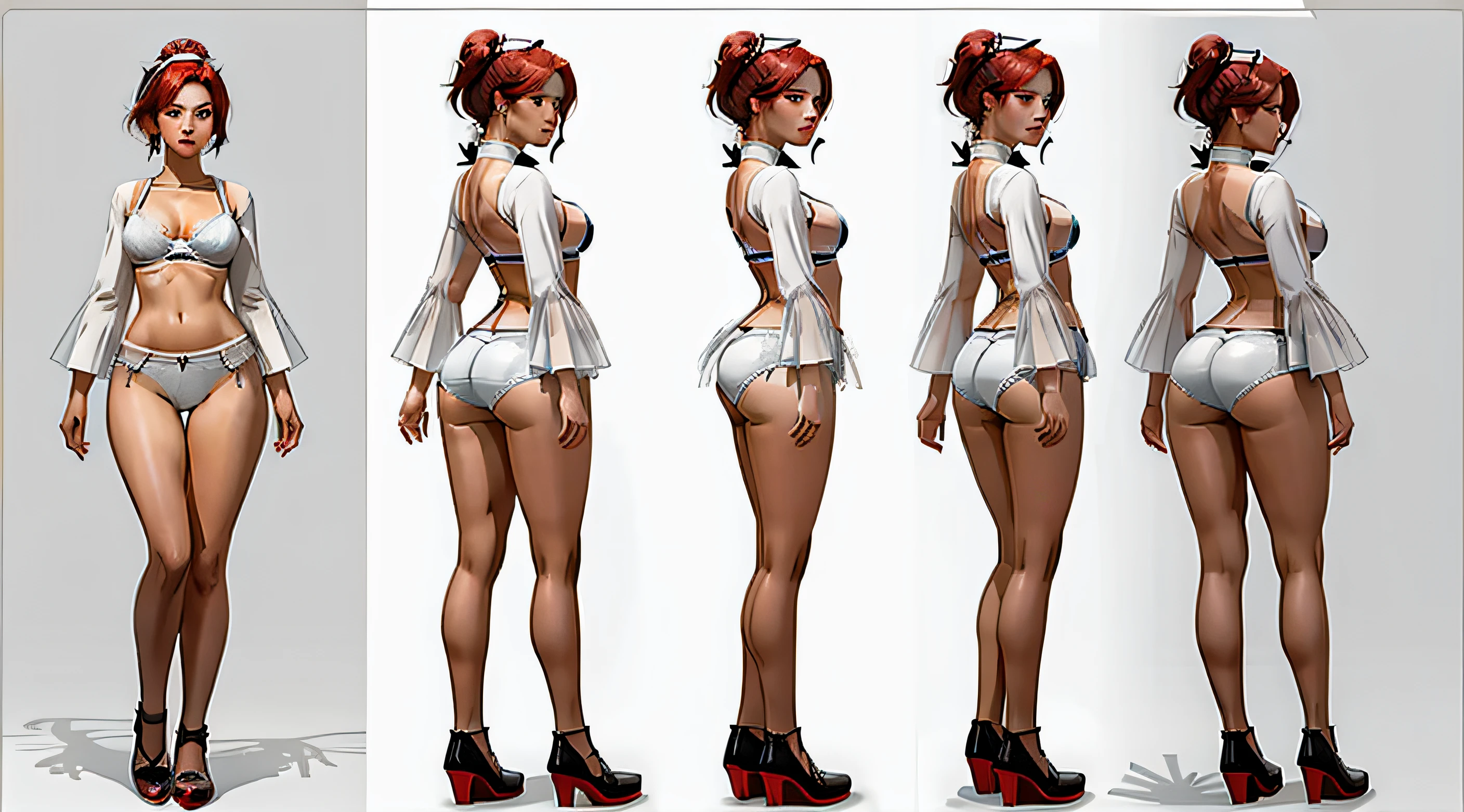 ((masterpiece, best quality)), detailed, character sheet, many items (the same person, various panties, various bras, similar hairstyles, many parts), Curvy red-haired Latina in white bra and white high cut cotton panties, realistic art style, full of details