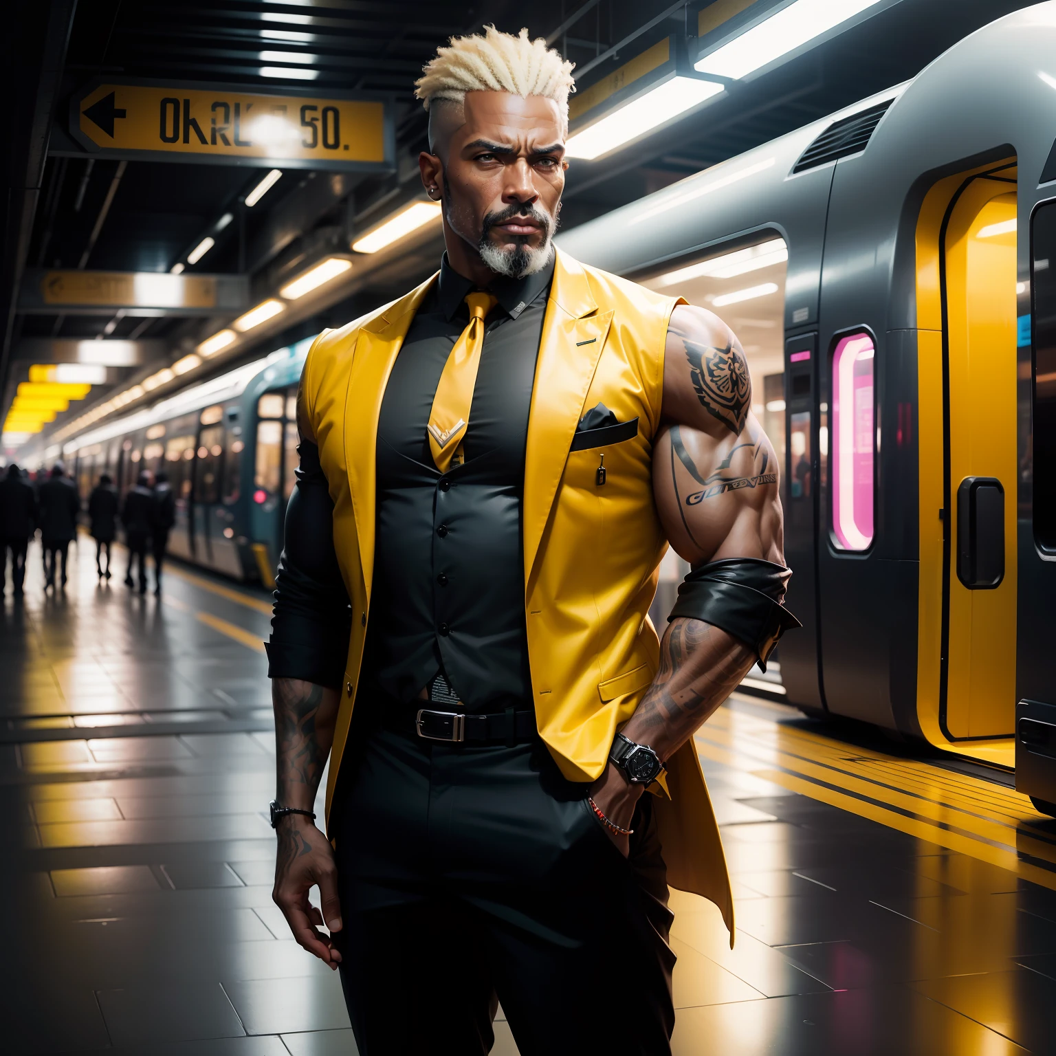 gostaria de uma imagem estilo cyberpunk em 4k de um homem de mais ou menos 40 anos ,portanto,portanto,africano, forte, musculoso,Bodybillder,muito forte de pele negra ,barba grande,barba, Estiloso Barbon,com cabelo punk estilo anos 80 na cor amarelo e cinza escuro,muito eLegante,, futurista e estiloso neon , com uma tatuagem super colorida e com neon ,Toattoo, facing a metro station on the platform , with station lights failing in a dimly lit environment, standing dressed in a dark yellow suit with a pink bow tie and baggy shirt.