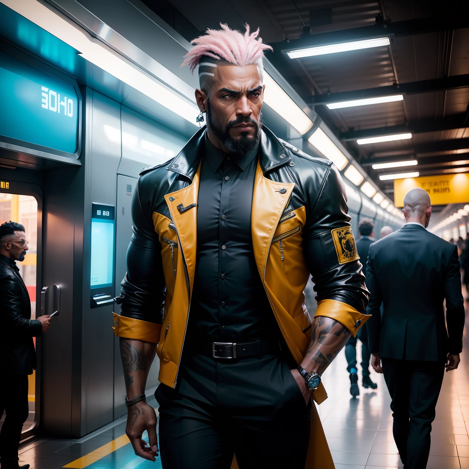 gostaria de uma imagem estilo cyberpunk em 4k de um homem de mais ou menos 50 anos ,portanto,portanto,africano, forte, musculoso,Bodybillder,muito forte de pele negra ,barba grande,barba, Estiloso Barbon,com cabelo punk estilo anos 80 na cor amarelo e cinza escuro,muito eLegante,, futurista e estiloso neon , com uma tatuagem super colorida e com neon ,Toattoo, facing a metro station on the platform , with station lights failing in a dimly lit environment, standing dressed in a dark yellow suit with a pink bow tie and baggy shirt.