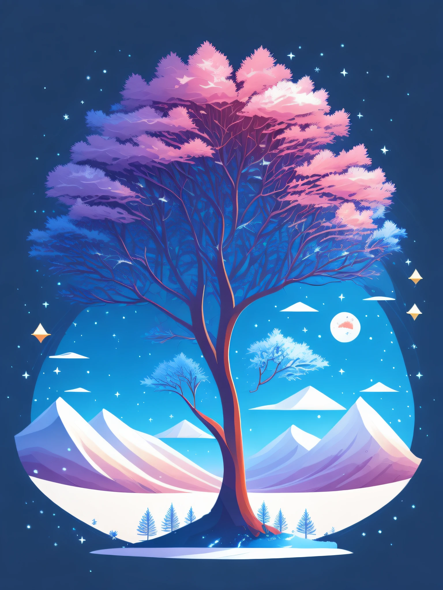 a spruice tree in a winter landscape, tshirt design, rzminjourney, vector-art