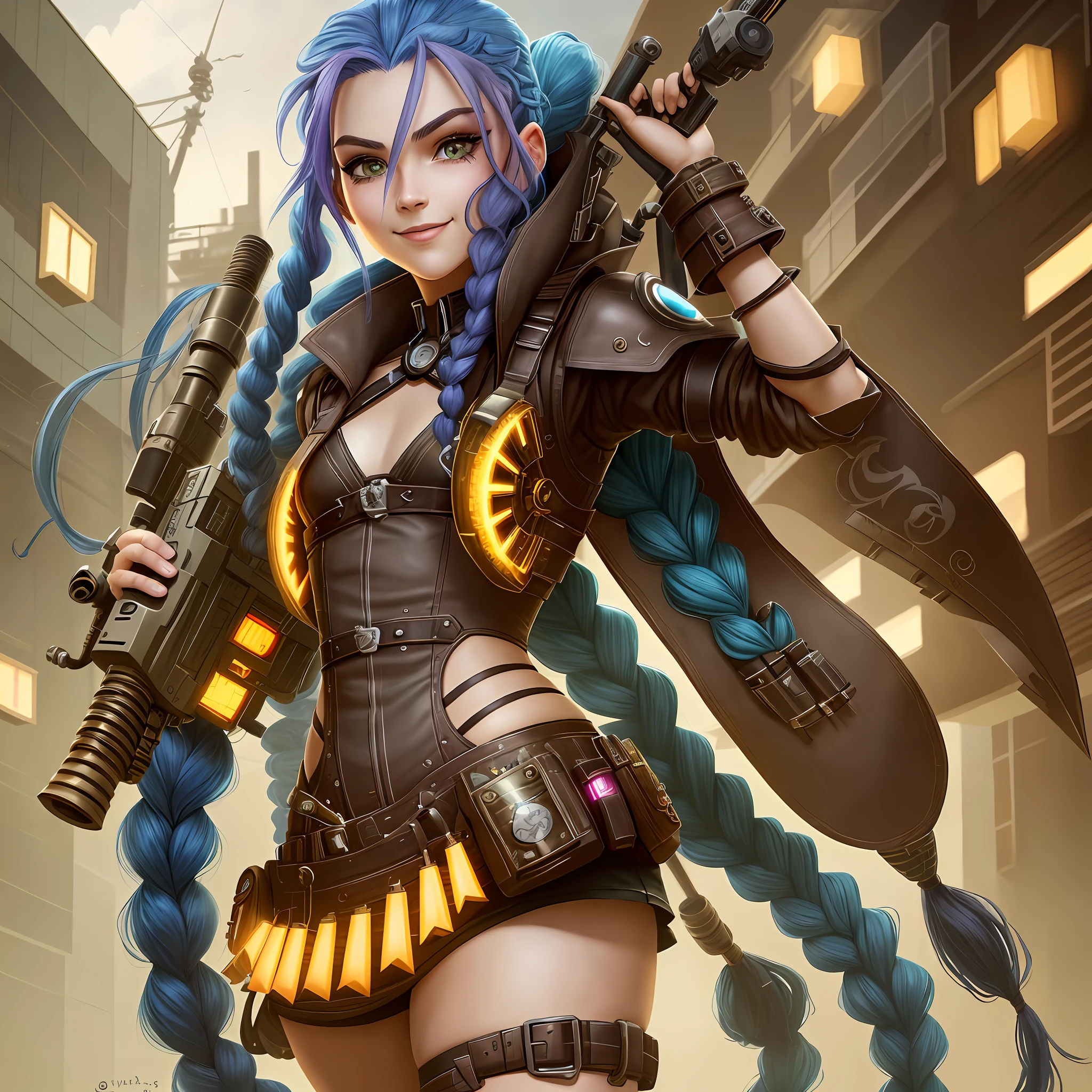 Jinx, Arcano, Jinx de League of Legends, long blue hair in braids, Double hair braids, braided hair, Minipistola, light juxtaposition& Sombra, Moody, intenso, feroz, Cinematic lighting, luz de raking, longas sombras luminosas, alta qualidade, smiling as he holds a shark-shaped rocket launcher, rosto estilo anime, Corpo Perfeito, Steampunk clockpunk --ar 6:9 --s 1000 --c 12 --q 2 --v 5.2