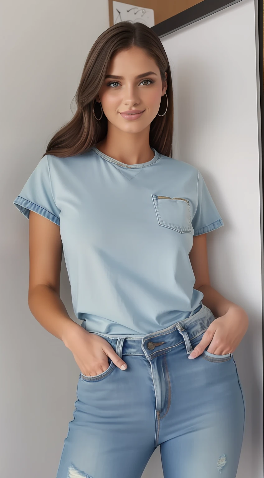 A woman in the studio, Denim Jeans Pants, camiseta branca, em um dia perfeito, disco Rigido, (head shoot: 1.2), (fechar para cima, rosto perfeito, olhos claros),