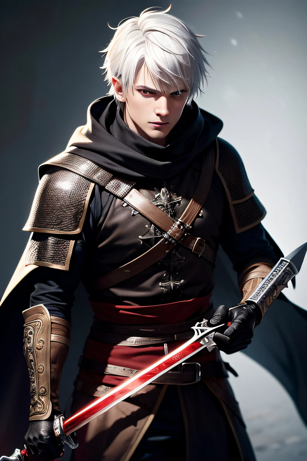 (extremely detailed 8k wallpaper), a medium shot of a fearful rogue, male, male focus, white hair, red eyes, dark skin, black clothing, medieval, holding a dagger, intricate, high detail