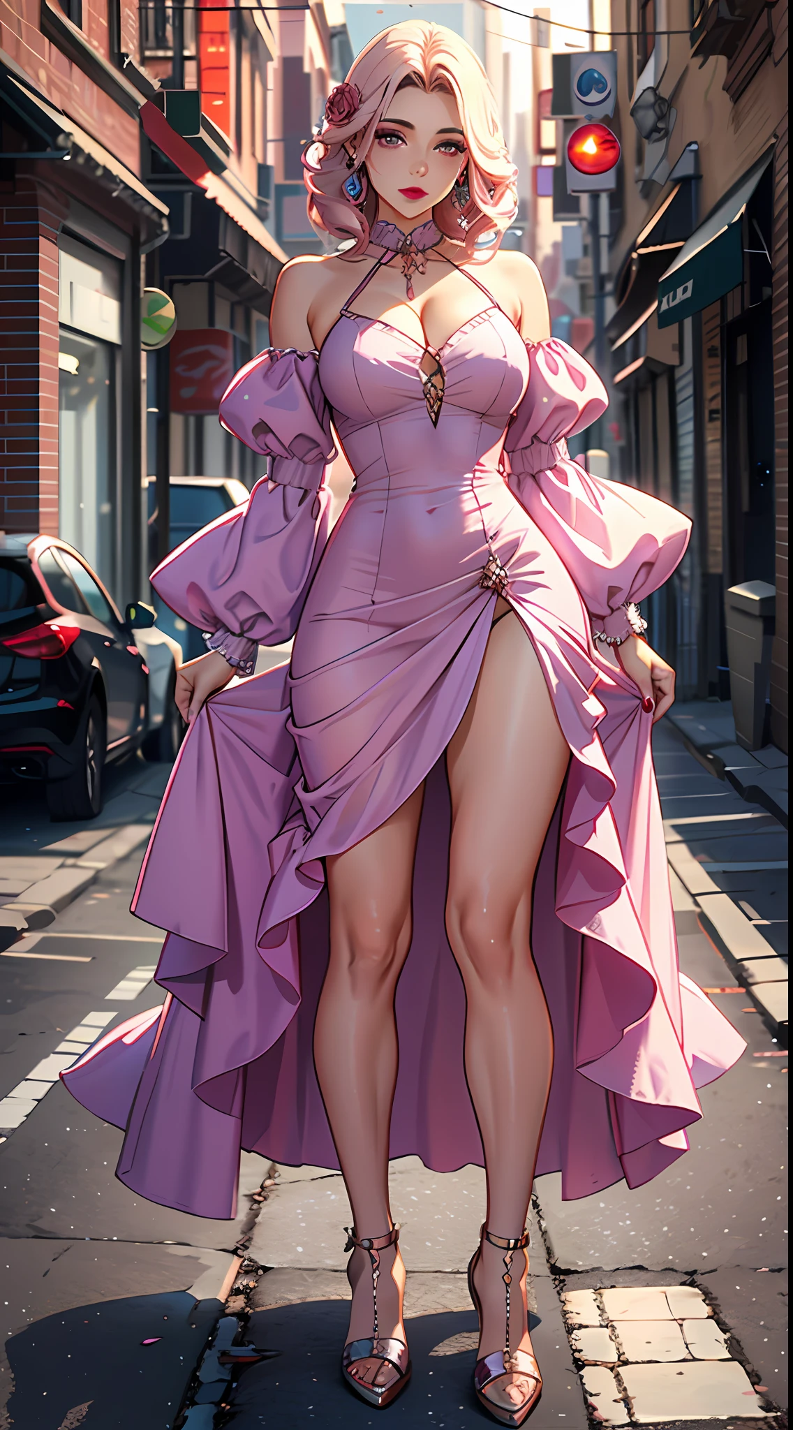 Linda mulher mulher, sozinha, cabelos loiros longos e lisos e olhos azuis brilhantes. She's wearing a long, vestido rosa claro brilhante que se encaixa perfeitamente em seu corpo magro. Her high-heeled shoes match the dress
Her makeup is light and highlighted, rose-tinted lips, bochechas ruborizadas.