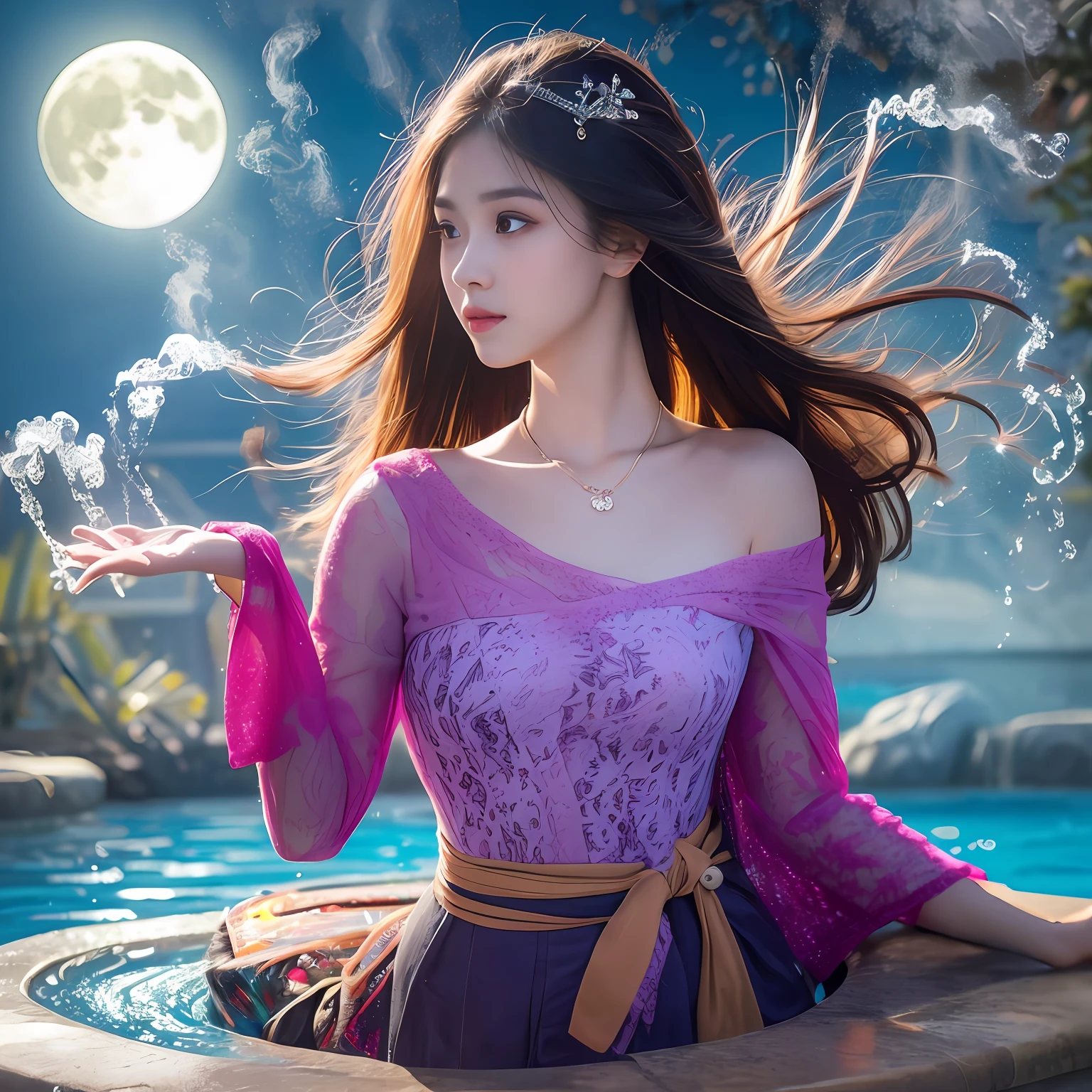 Keywords: watery big eyes, loving pupils, [shy], long hair, master works, best picture quality, ((kebaya_bali)),super high resolution, higher quality, beautiful girl, female, heart-shaped hair ornament, 8k resolution, hot girl, student, beautiful pupil, blush, dusk, oasis ((character at the edge of the pool)), magic ring, volumetric light, cinematic light, natural light. Waterfall background, fashion long skirt, not exposed, full body photo
Snow Moon Law Moon Girl Light Shoulders, Solo, Crystal Clear Water Splash Perfect Reflection, Eyebrow Pattern, Beautiful Black Eyes, Floating Water Splash, Black Water Droplet, Beautiful Glow, Best Quality, Illustration, Masterpiece, Best Production, Best Quality, Highly Detailed, Extremely Detailed CG, Lighting, Cute, Tyndall Effect, Burning Splash Wrapped, Light Shoulders, Depth of Field, Black Water, Super Moe, Shining, Beautiful
The, delicate facial features, cute, black water particle special effects, dreamy, floating
Black glowing particles, burning hair, necklace
((Masterpiece)), ((Highest Quality)), exquisite CG, blue-purple tone, sweet
Beautiful and lovely