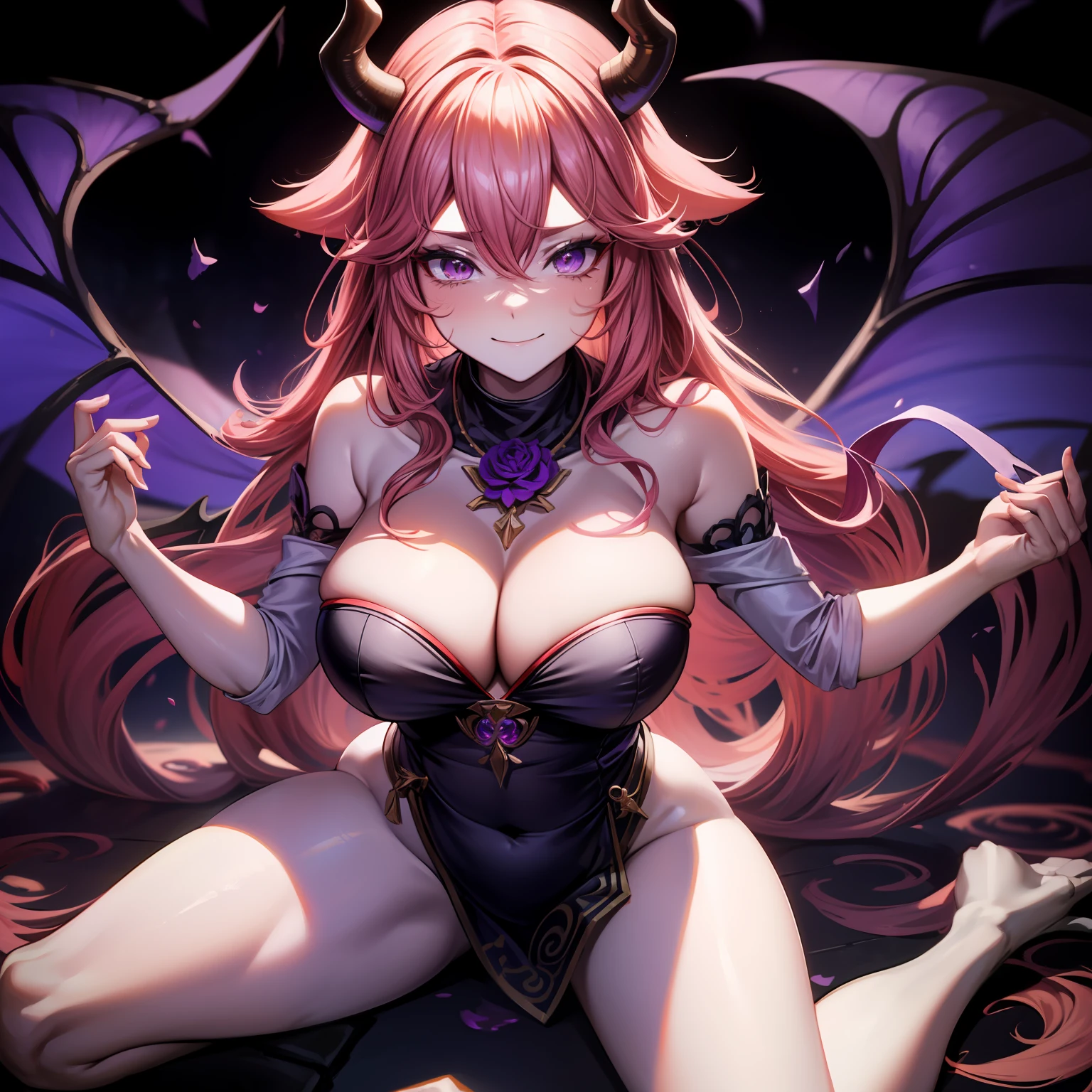 A female milf demon with black demon horn without clothes, ((Corpo nu)), ((seios visiveis)) sem roupa, pelada, ((demon horn)), cabelo de rapunzel cor-de-rosa extremamente longo, ((Cabelo de rapunzel cor-de-rosa)), White eyes of the demon, ((olhos brancos)), corpo volumoso com seios e busto enormes, ((seio e busto enormes)),Purple mist with purple energy particles and floor with red liquid, olhar perverso e vazio, sem brilho nos olhos, com um perverso, smile looking at the viewer in panoramic view;, Moda realista, sysie high definition details, fotografia, perspicacity, unique 850 4, Koda850 k portrait camera, Primavera F1.6, cores ricas, Textura super realista, textura de luz espetacular, arte surreal, Cinestil 800 mecanismo de moda