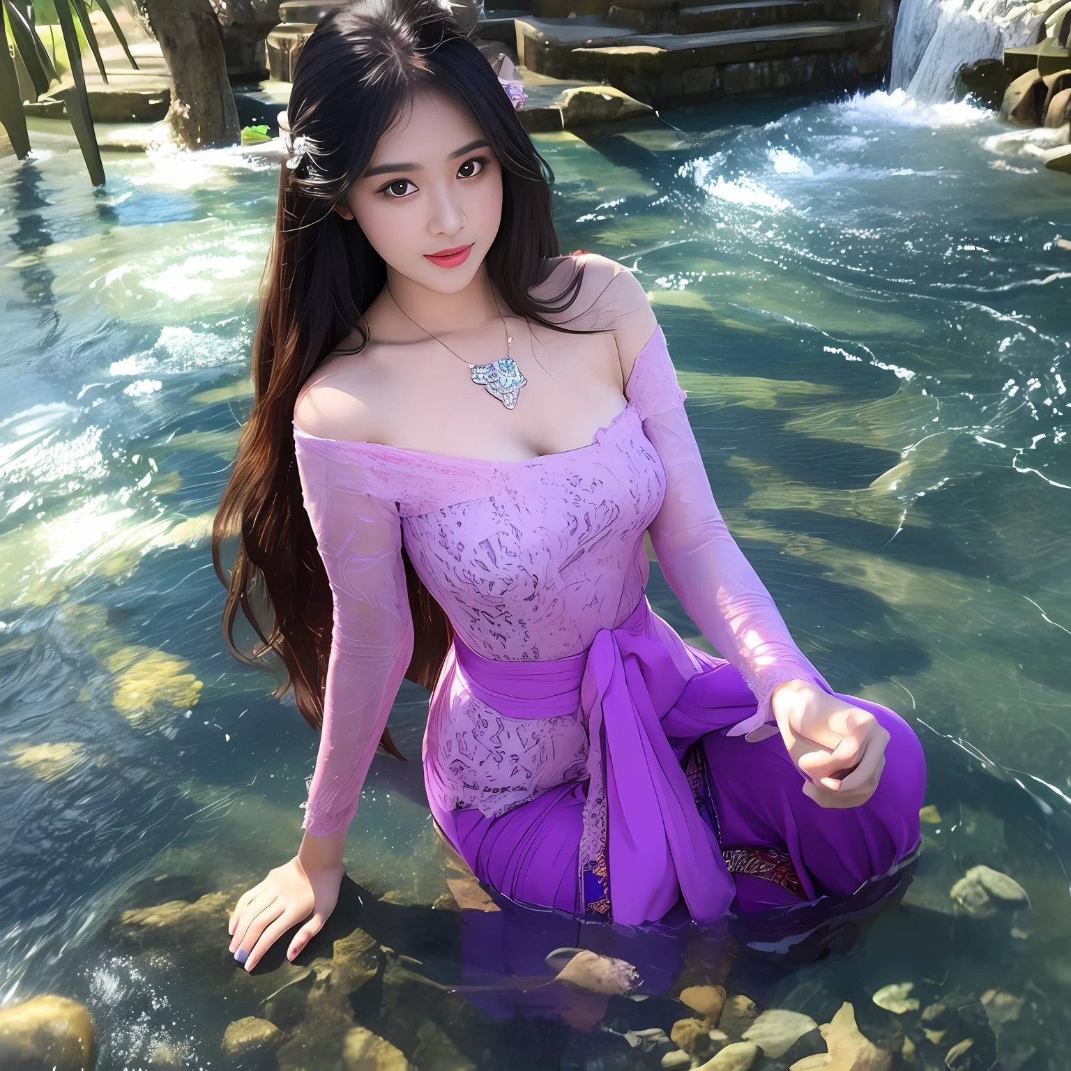 Keywords: watery big eyes, loving pupils, [shy], long hair, master works, best picture quality, ((kebaya_bali)),super high resolution, higher quality, beautiful girl, female, heart-shaped hair ornament, 8k resolution, hot girl, student, beautiful pupil, blush, dusk, oasis ((character at the edge of the pool)), magic ring, volumetric light, cinematic light, natural light. Waterfall background, fashion long skirt, not exposed, full body photo
Snow Moon Law Moon Girl Light Shoulders, Solo, Crystal Clear Water Splash Perfect Reflection, Eyebrow Pattern, Beautiful Black Eyes, Floating Water Splash, Black Water Droplet, Beautiful Glow, Best Quality, Illustration, Masterpiece, Best Production, Best Quality, Highly Detailed, Extremely Detailed CG, Lighting, Cute, Tyndall Effect, Burning Splash Wrapped, Light Shoulders, Depth of Field, Black Water, Super Moe, Shining, Beautiful
The, delicate facial features, cute, black water particle special effects, dreamy, floating
Black glowing particles, burning hair, necklace
((Masterpiece)), ((Highest Quality)), exquisite CG, blue-purple tone, sweet
Beautiful and lovely