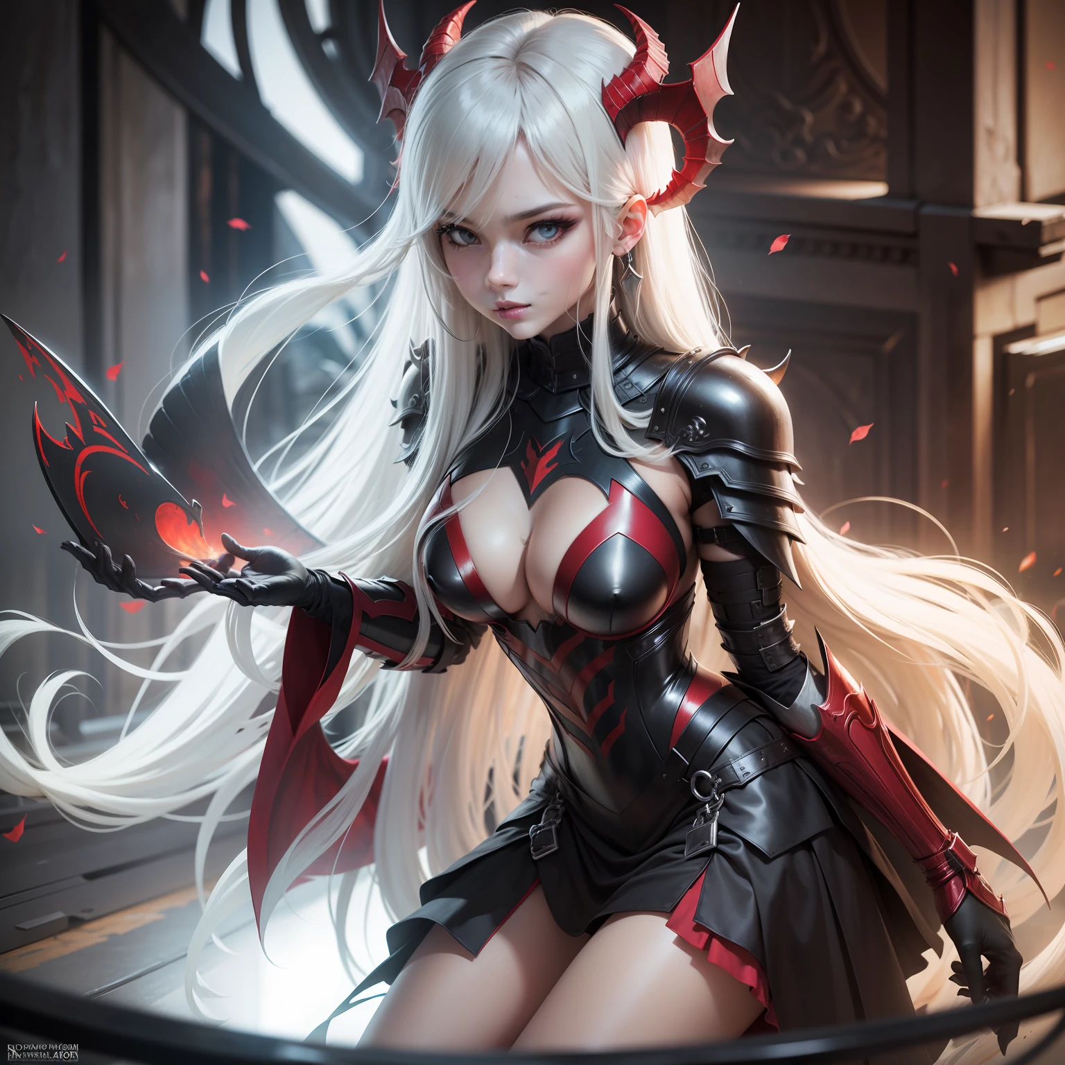 Demon Angel in Black and Red High-Quality Iron Armor, gorgeous face