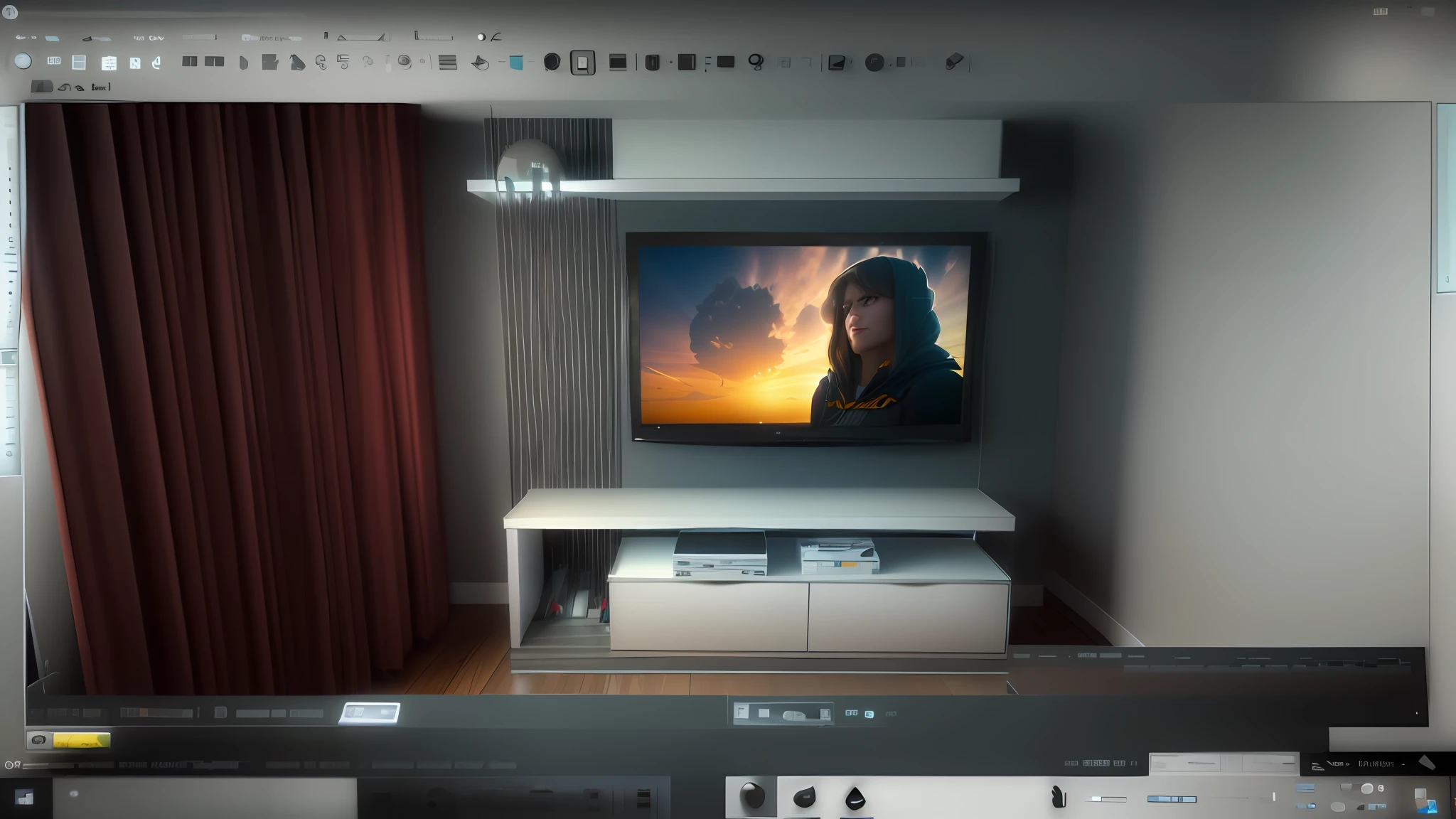 a closeup of a television on a wall in a bedroom, renderizar 3 d, render corona, 3 drender, rotoscopia, 3d final render, Final 3D rendering, rotoscopia, 3D-rendering, 3D-rendering, 3D rendering 8 k, 8k 3d render, vue 3d render, Foto 3D, Foto 3D