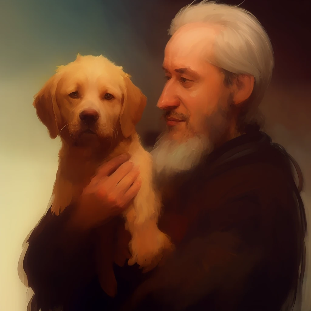 painting of a man holding a dog in his arms, Wadim Kashin. ultra realistic, Directed by: Vladimir Novak, Directed by: Seria Zhe, Directed by: Mikhail Evstafiev, inspirado em Ilya Repin, Michael Garmash e Rob Rey, Directed by: Lu Zhi, inspirado em Ilya Yefimovich Repin, Directed by: Ni Yuanlu, Directed by: Wadim Kashin