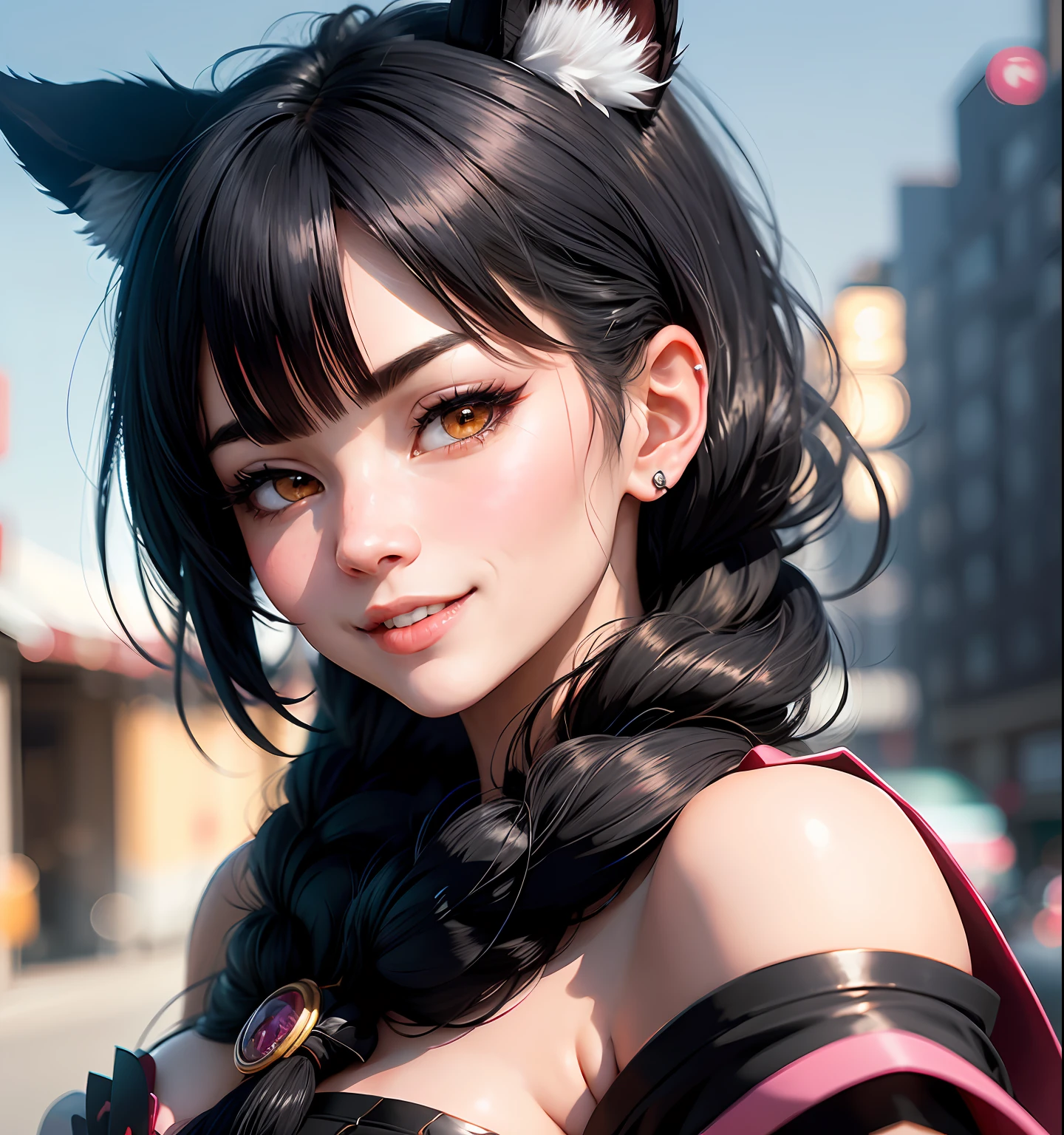 black hair, hair bobbles, wince, longeyelashes, solid circle eyes, fake animal ears, light smile, ear blush, fang, Surrealism, drop shadow, anaglyph, stereogram, tachi-e, pov, atmospheric perspective, cinematic lighting, 8k, super detail, ccurate, best quality, super detail