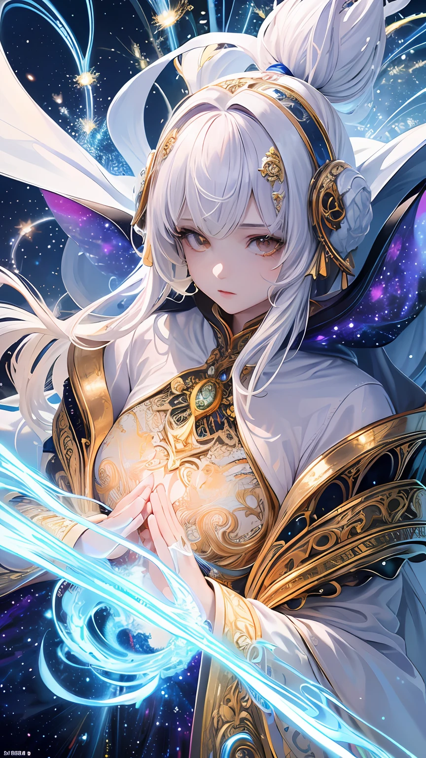 (masterpiece, top quality, best quality, official art, beautiful and aesthetic:1.2), (1girl), extreme detailed, (fractal art:1.3), colorful, highest detailed, perfect face, upper body, HDR, (praying:1.3), (white cloak golden lines:1.2), galaxy, (light streaks), striking visuals, (dynamic streaks, luminous trails:1.2), vibrant colors,