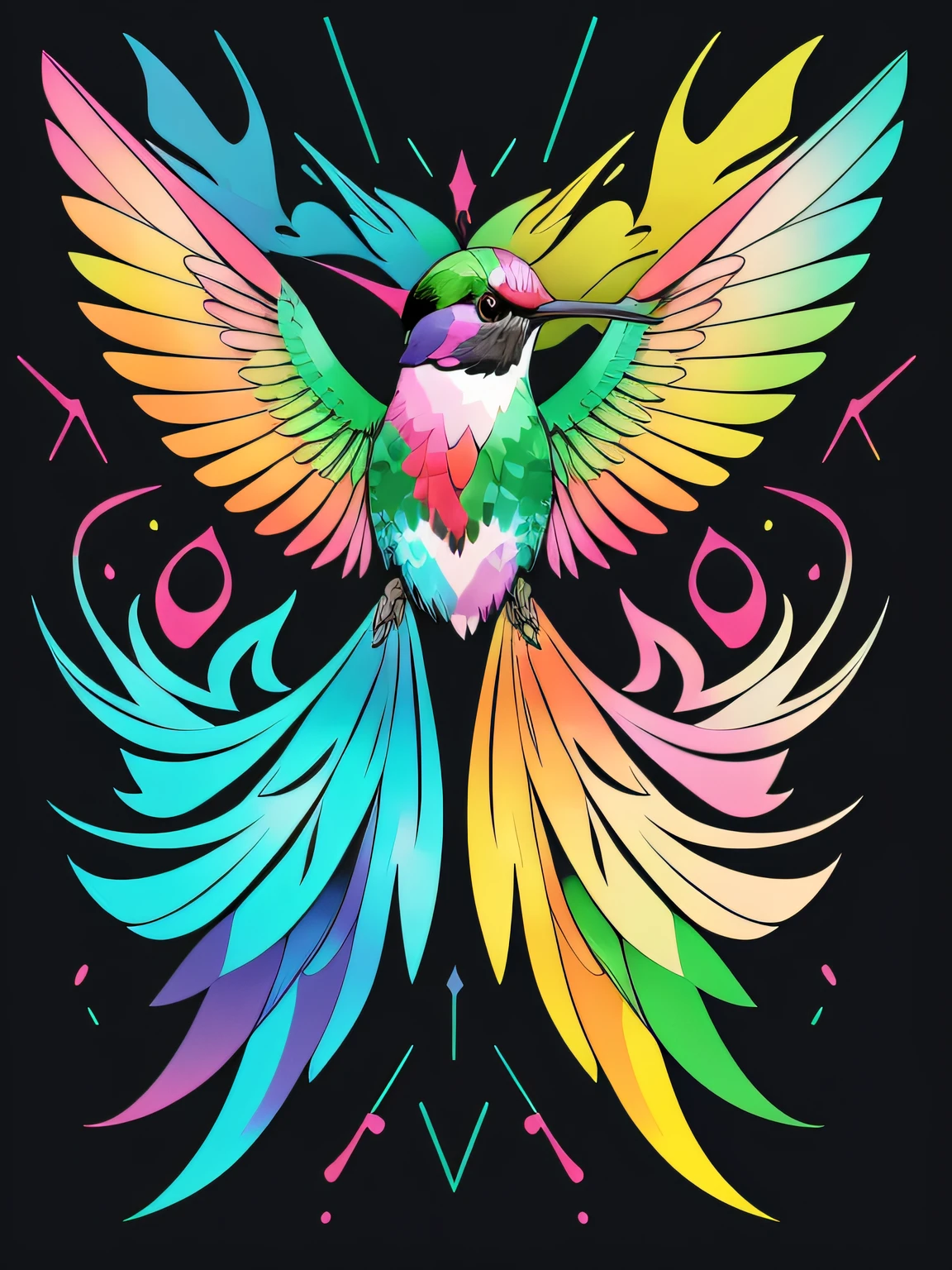 Vector-art of (abstract rainbow-colored hummingbirds in a bold watercolor style: 1.3). Use splashes of vibrant and contrasting flowers to create a striking and eye-catching composition. The hummingbirds can be depicted in an abstract and geometric form, adding a contemporary and artistic flair to the artwork. This style should be visually captivating and evoke a sense of modern artistry, isolated, black background, in the style of 0mib