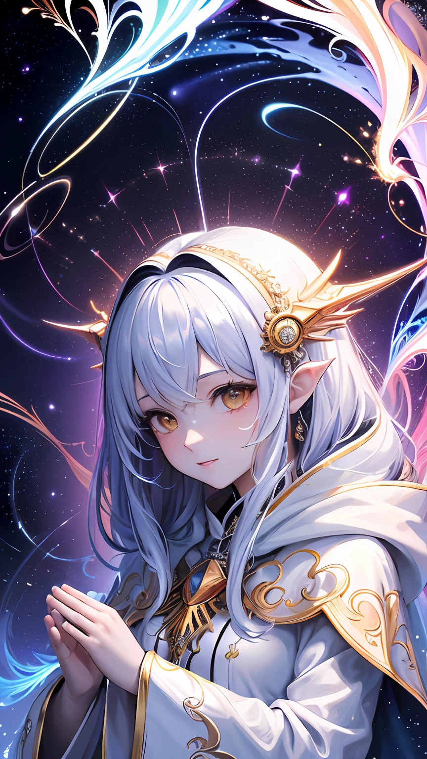 (masterpiece, top quality, best quality, official art, beautiful and aesthetic:1.2), (1girl), extreme detailed, (fractal art:1.3), colorful, highest detailed, perfect face, upper body, HDR, (praying:1.3), (white cloak golden lines:1.2), galaxy, (light streaks), striking visuals, (dynamic streaks, luminous trails:1.2), vibrant colors,